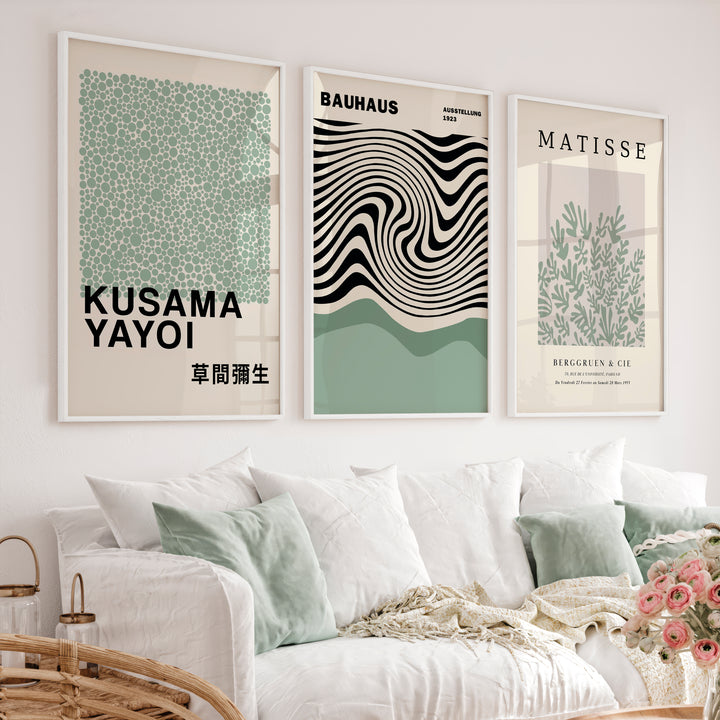 Sage Green Exhibition Art Set of 3 Prints Bauhaus Kusama Matisse - White Framed Poster No Border - Artworksets