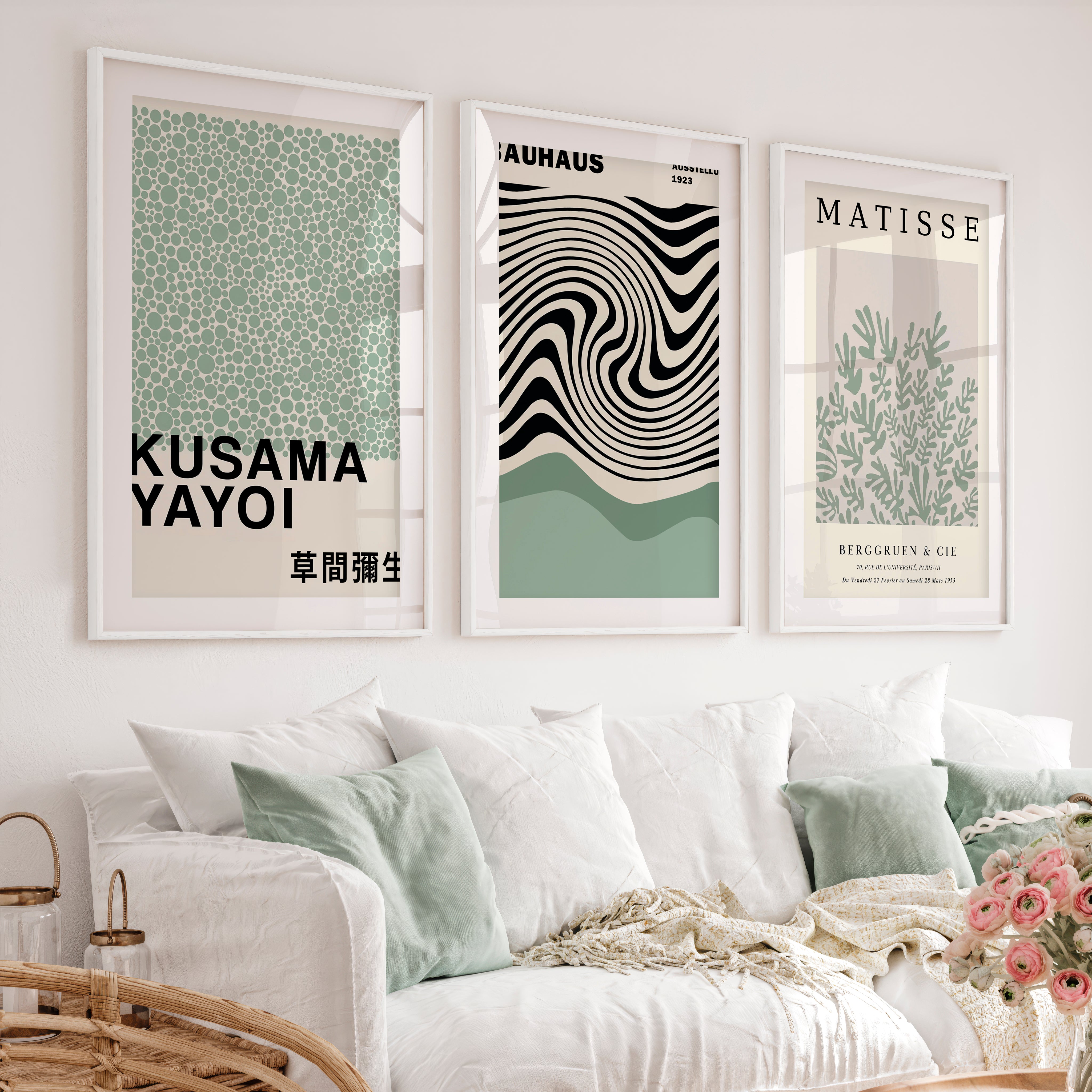 Sage Green Exhibition Art Set of 3 Prints Bauhaus Kusama Matisse - White Framed Poster with White Border - Artworksets