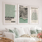 Sage Green Exhibition Art Set of 3 Prints Bauhaus Kusama Matisse - White Framed Poster with White Border - Artworksets