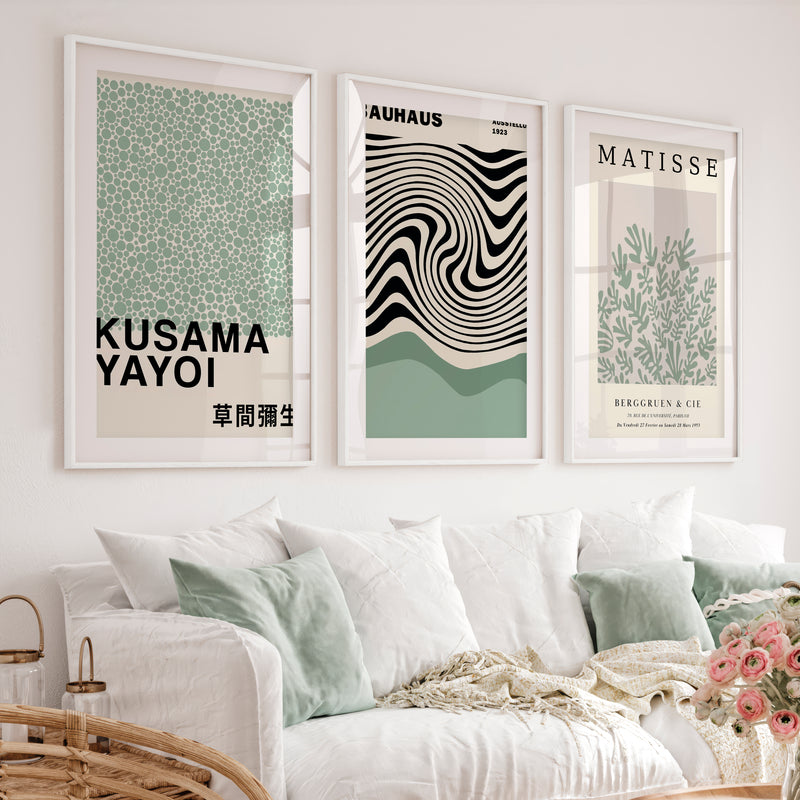 Sage Green Exhibition Art Set of 3 Prints Bauhaus Kusama Matisse - White Framed Poster with White Border - Artworksets