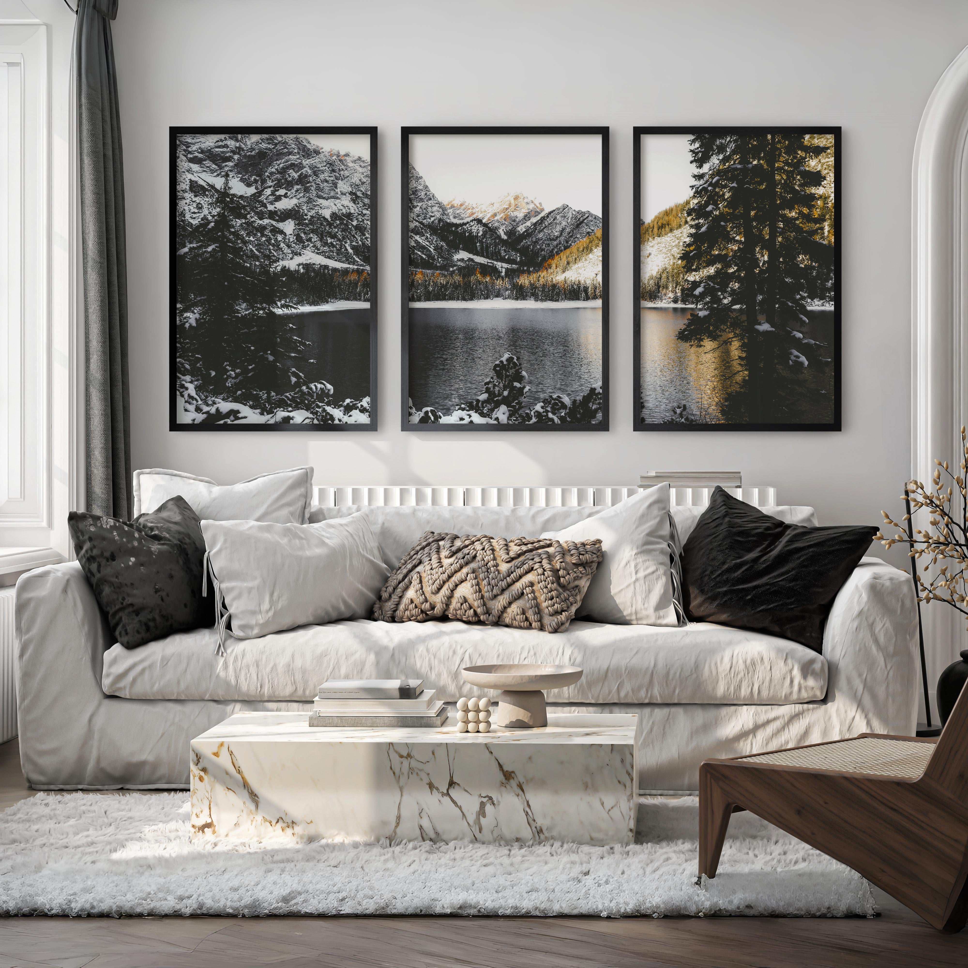 Scandi Nature Triptych. Mountain Lake Photography - Black Framed Poster No Border - Artworksets