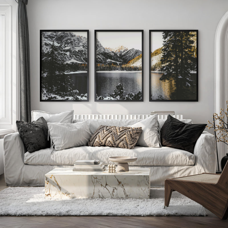 Scandi Nature Triptych. Mountain Lake Photography - Black Framed Poster No Border - Artworksets