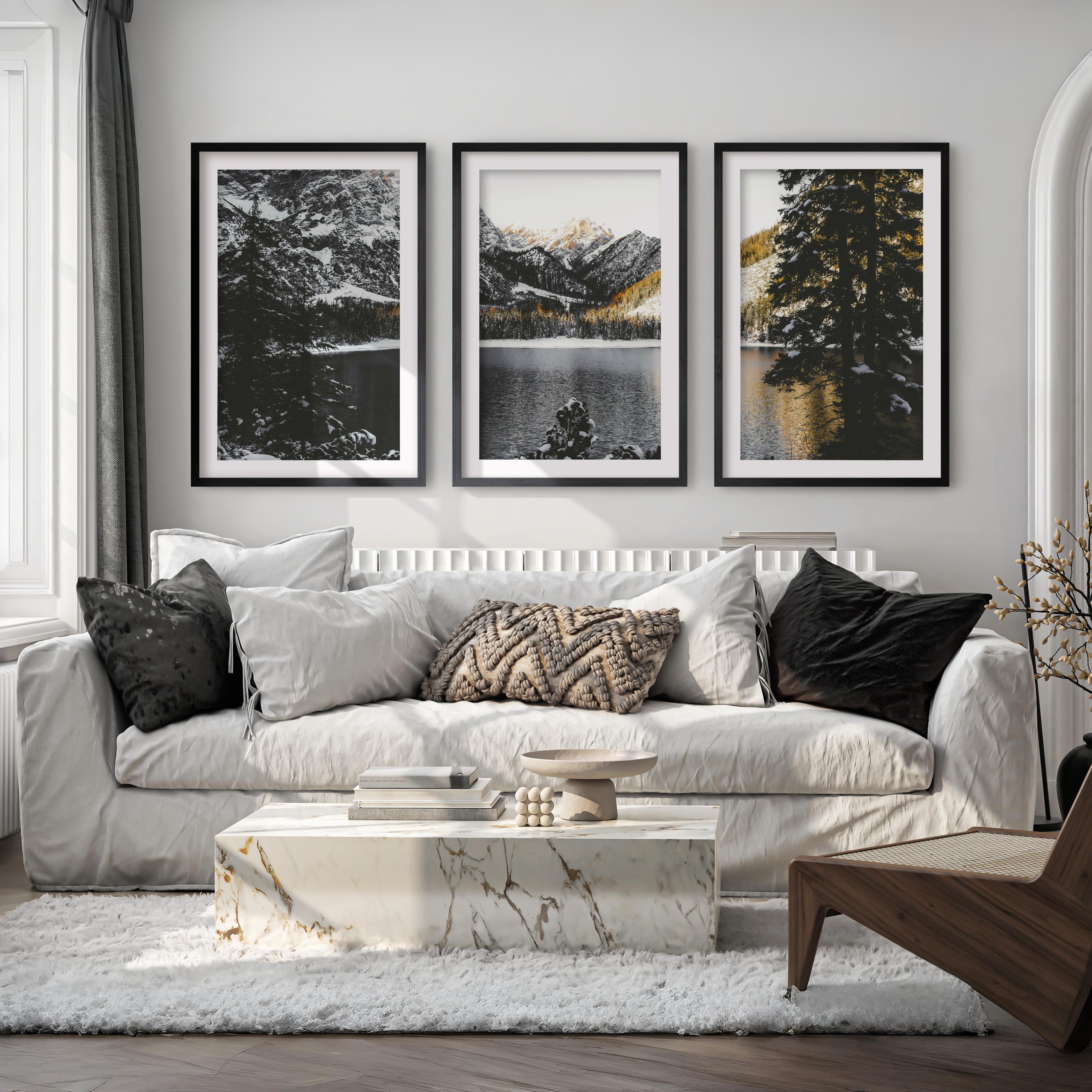 Scandi Nature Triptych. Mountain Lake Photography - Black Framed Poster with White Border - Artworksets
