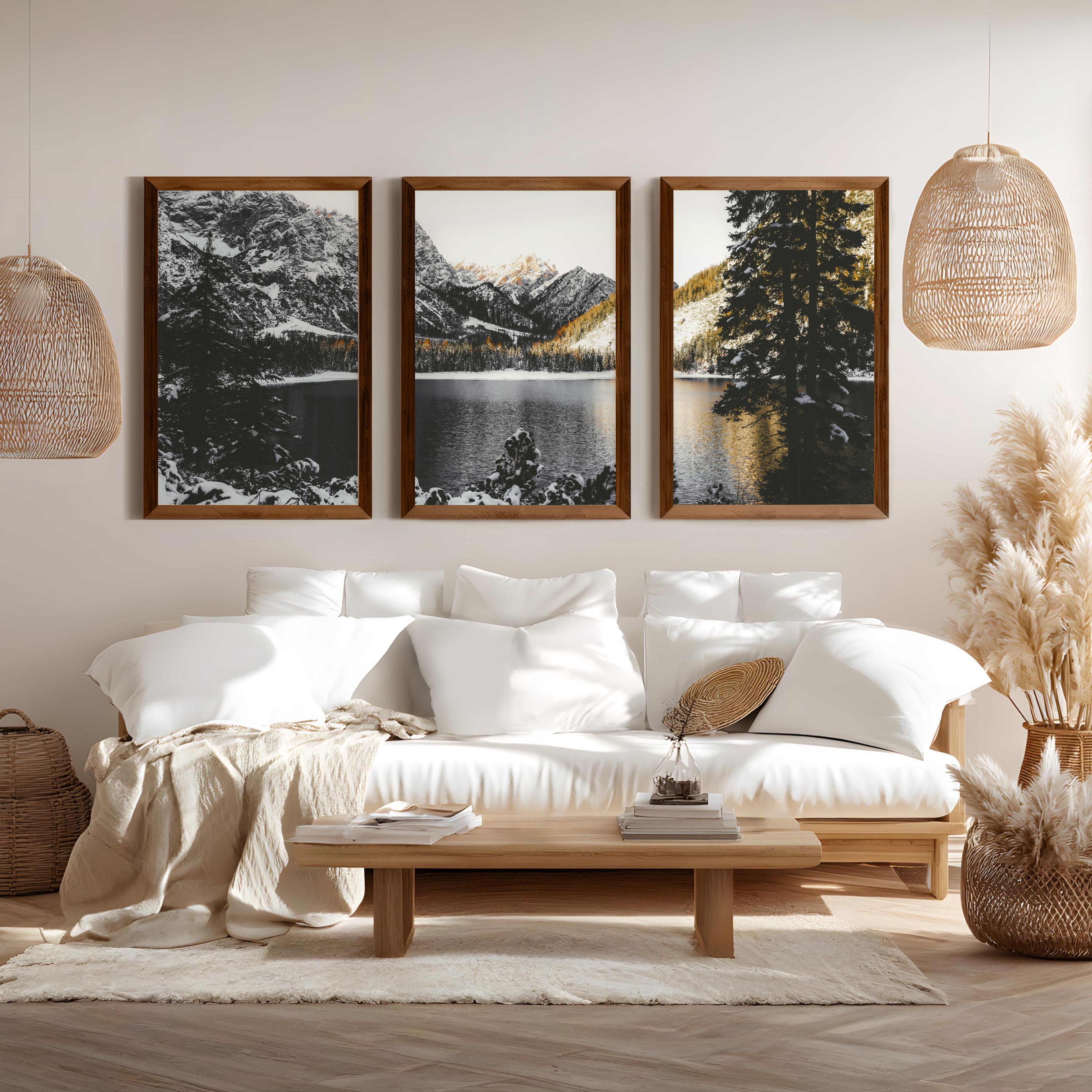 Scandi Nature Triptych. Mountain Lake Photography - Dark Brown Framed Poster No Border - Artworksets