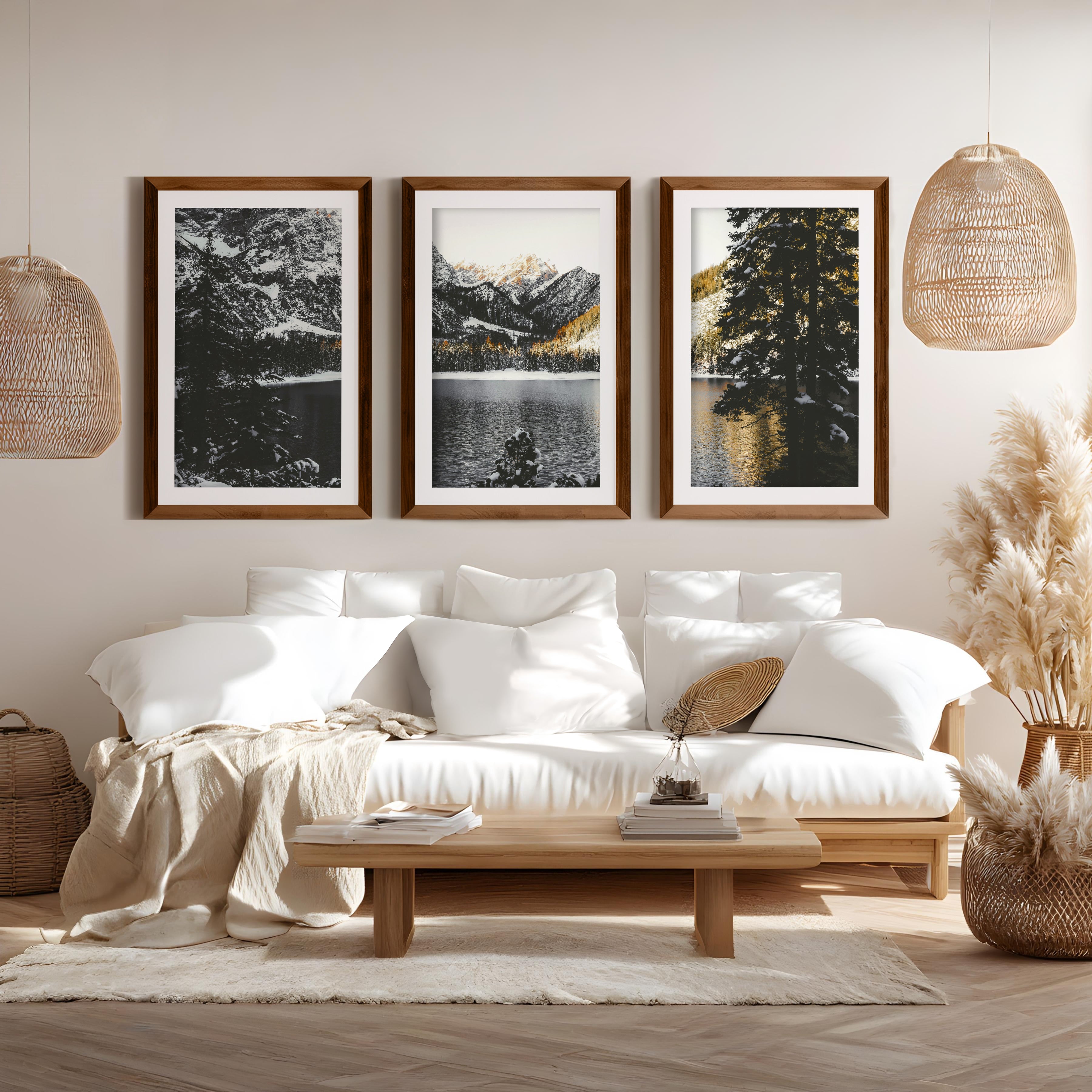 Scandi Nature Triptych. Mountain Lake Photography - Dark Brown Framed Poster with White Border - Artworksets
