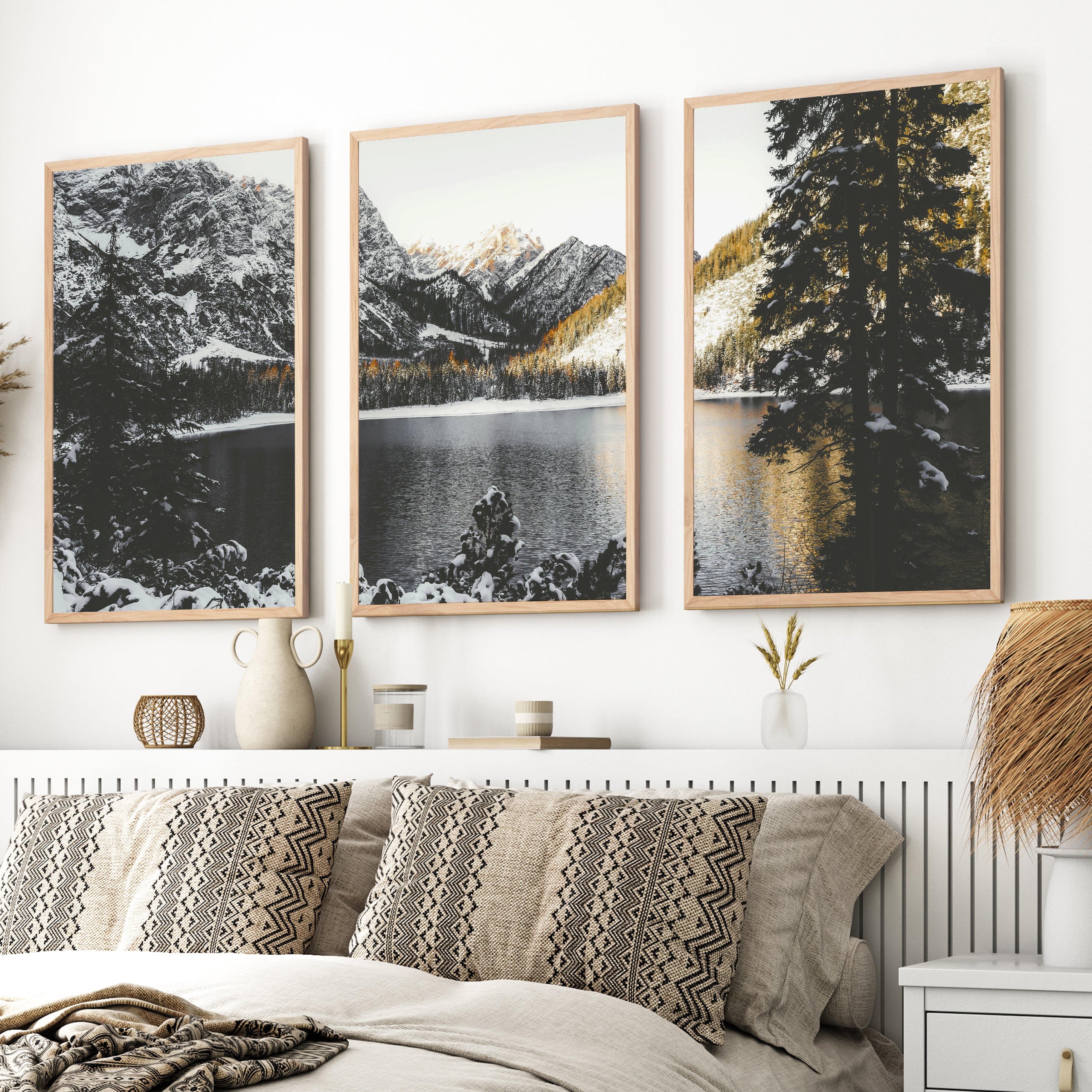 Scandi Nature Triptych. Mountain Lake Photography - Natural Wood Framed Poster No Border - Artworksets