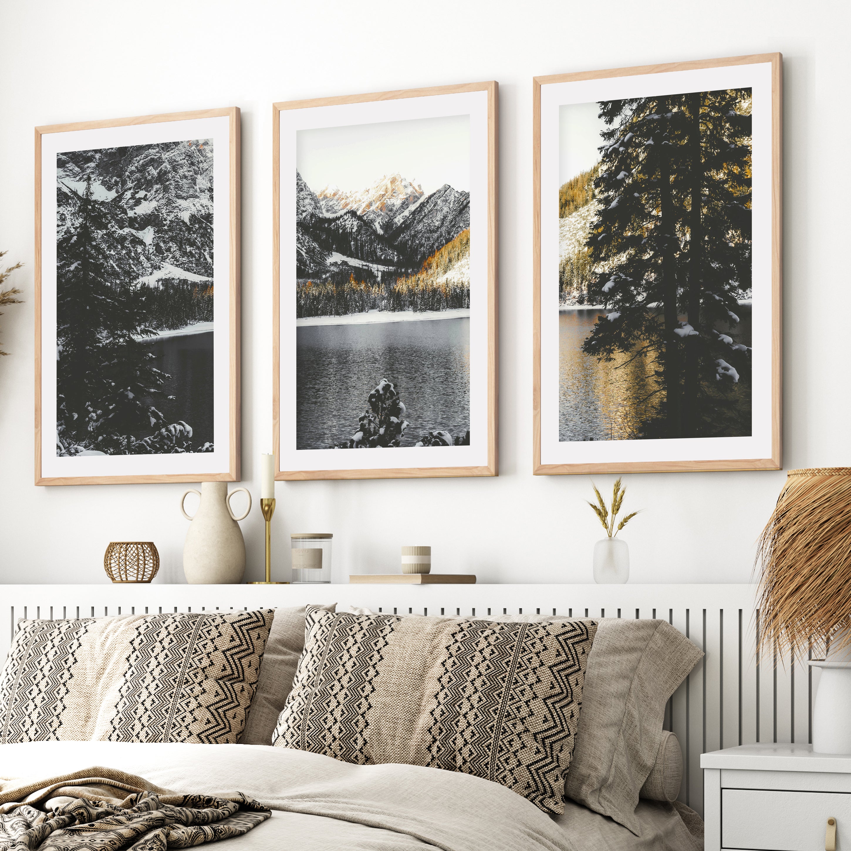 Scandi Nature Triptych. Mountain Lake Photography- Natural Wood Framed Poster with White Border - Artworksets