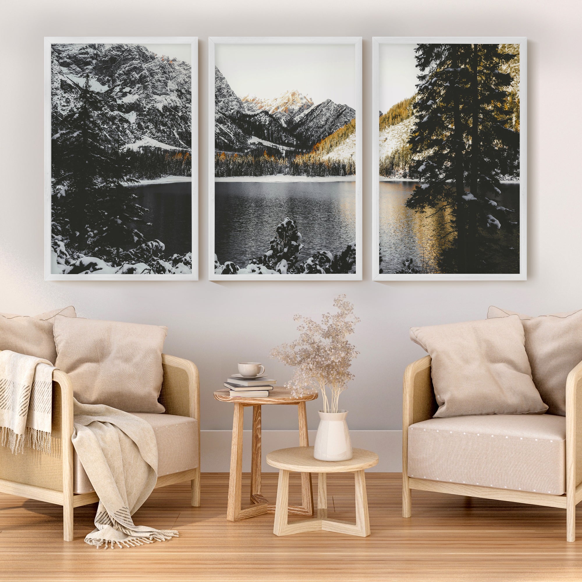 Scandi Nature Triptych. Mountain Lake Photography - White Framed Poster No Border - Artworksets