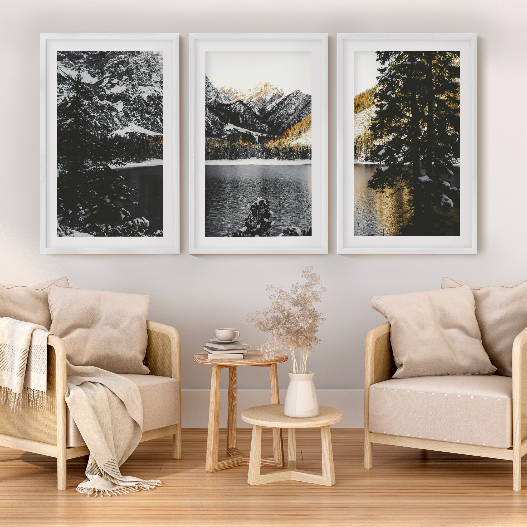 Scandi Nature Triptych. Mountain Lake Photography - White Framed Poster with White Border - Artworksets