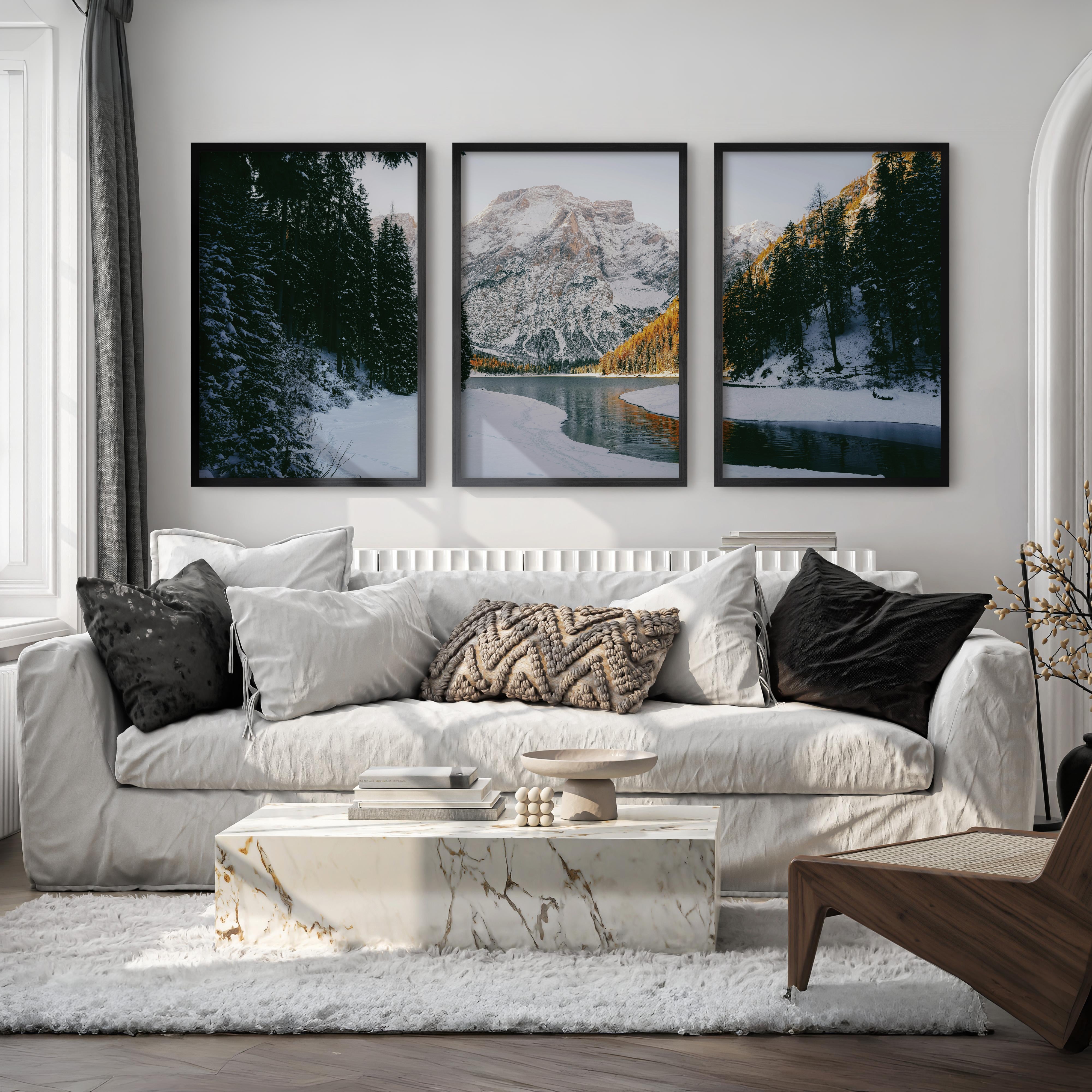 Scandi Nature Triptych – 3 Piece Mountain Wall Art - Black Framed Poster No Border - Artworksets