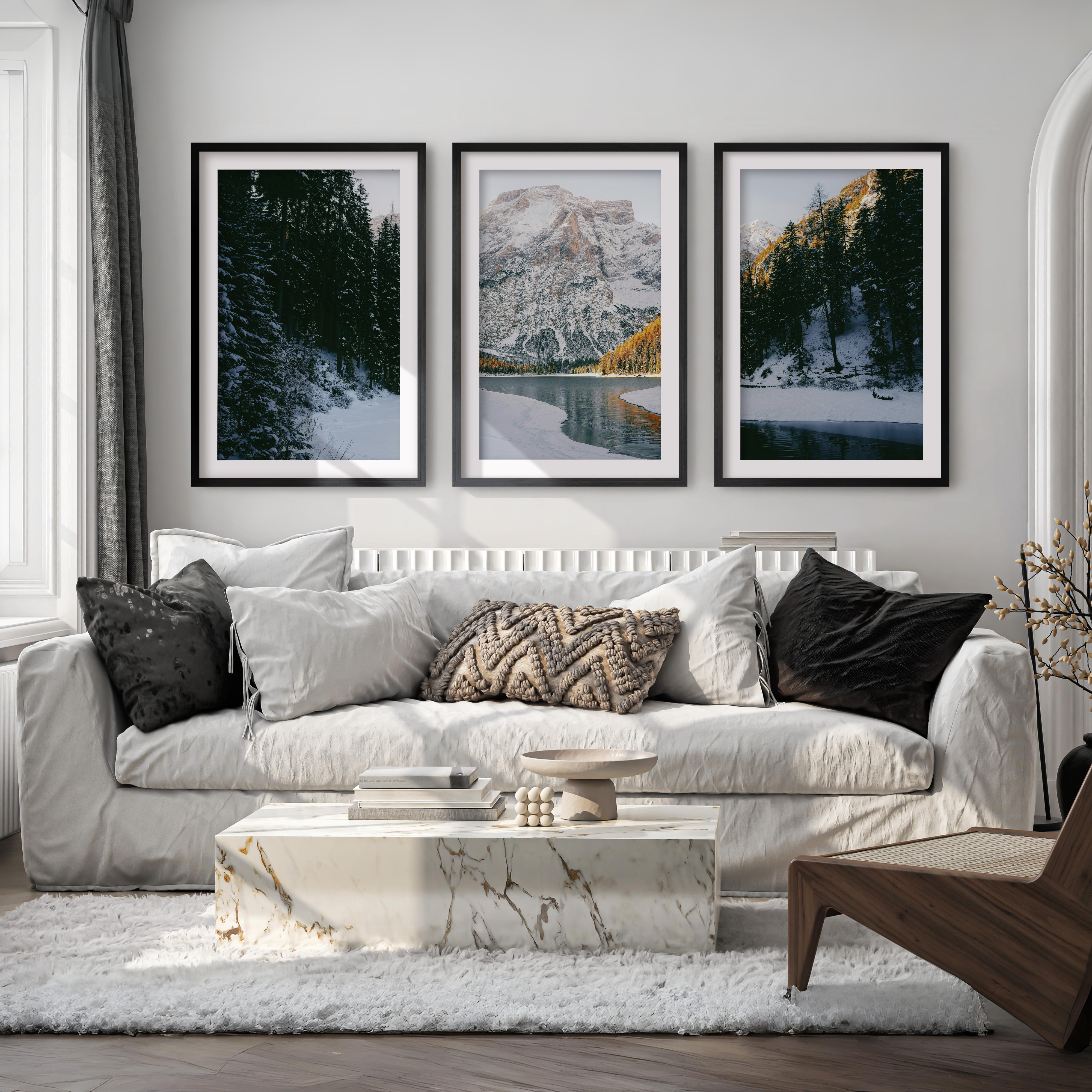 Scandi Nature Triptych – 3 Piece Mountain Wall Art - Black Framed Poster with White Border - Artworksets