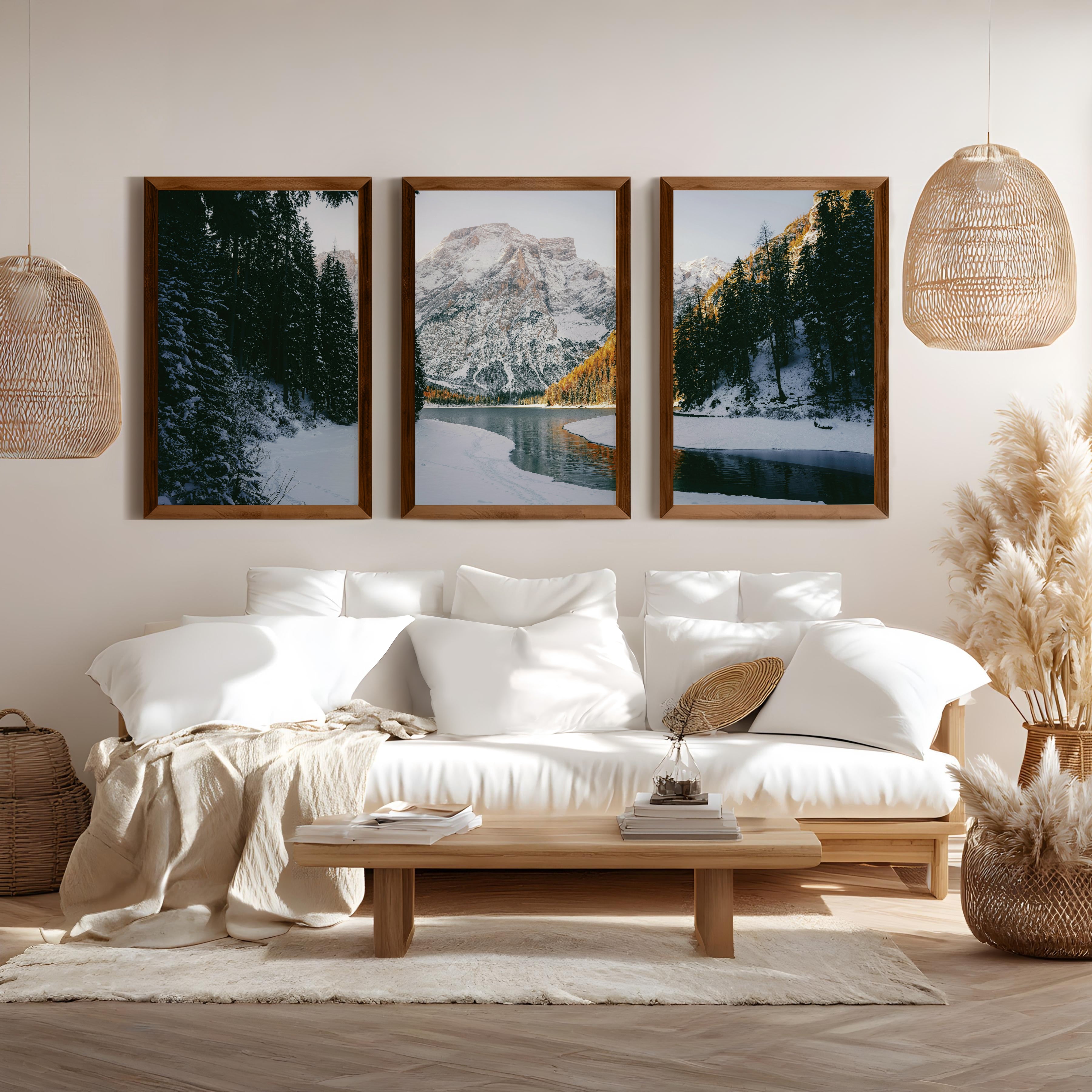 Scandi Nature Triptych – 3 Piece Mountain Wall Art - Dark Brown Framed Poster No Border - Artworksets