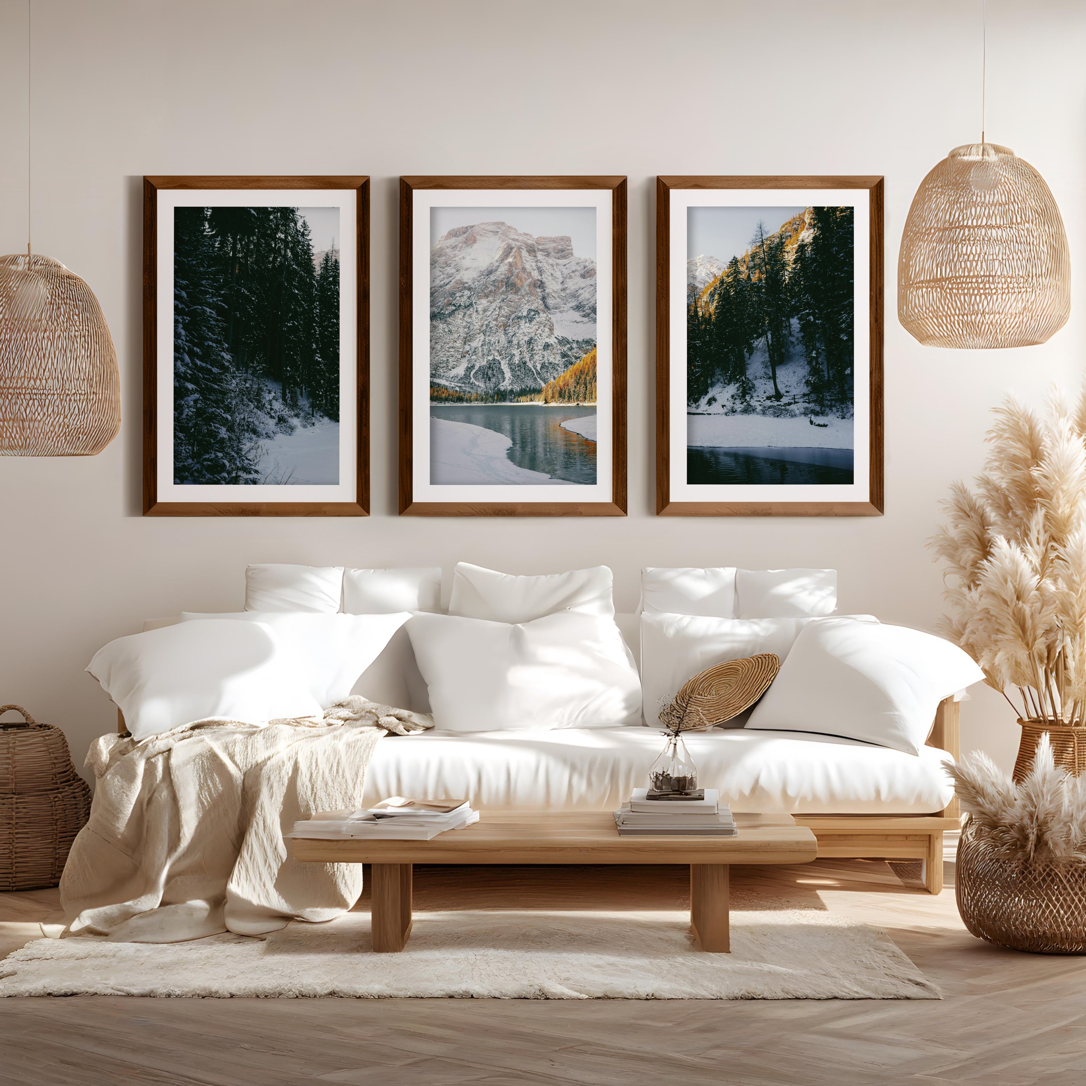 Scandi Nature Triptych – 3 Piece Mountain Wall Art - Dark Brown Framed Poster with White Border - Artworksets