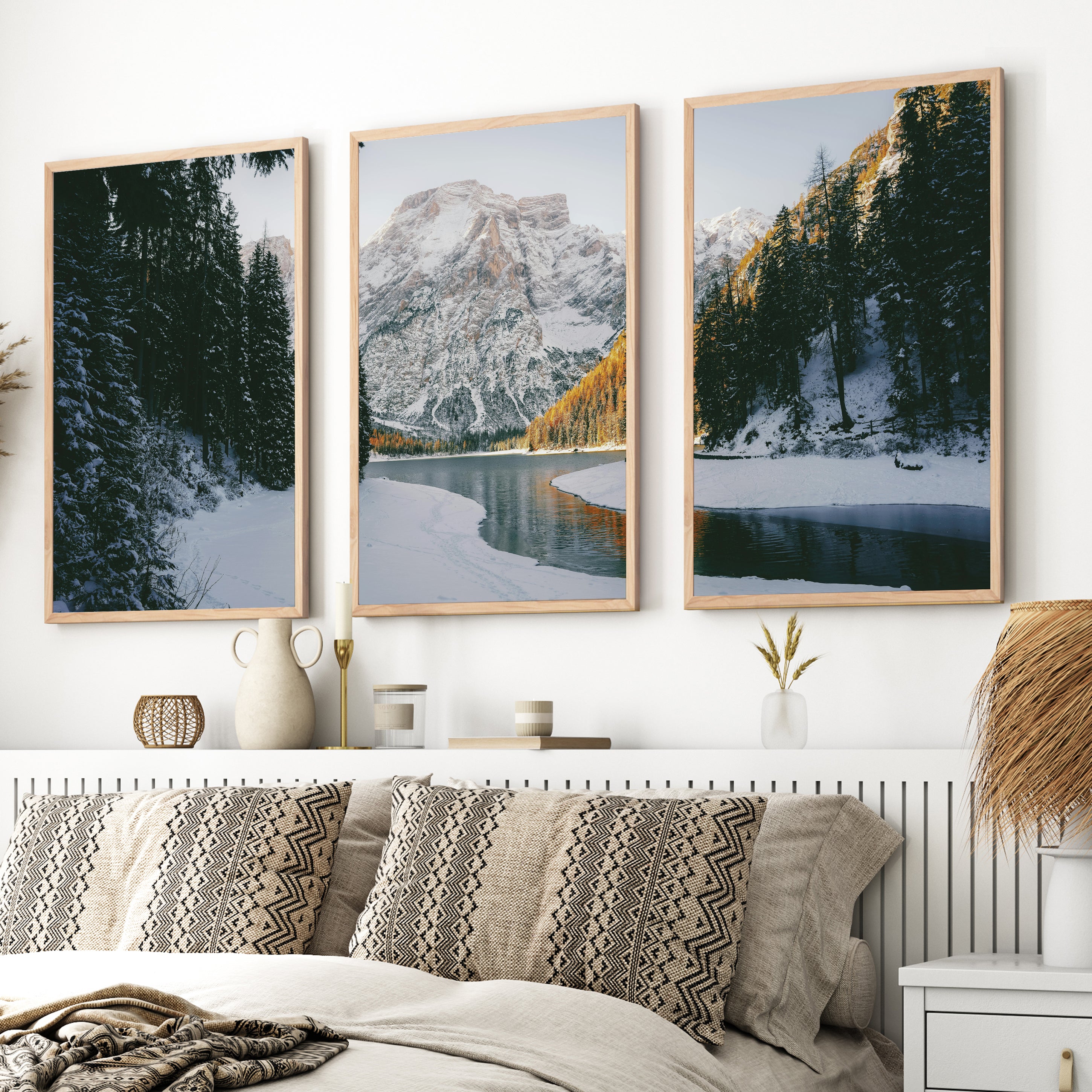Scandi Nature Triptych – 3 Piece Mountain Wall Art - Natural Wood Framed Poster No Border - Artworksets