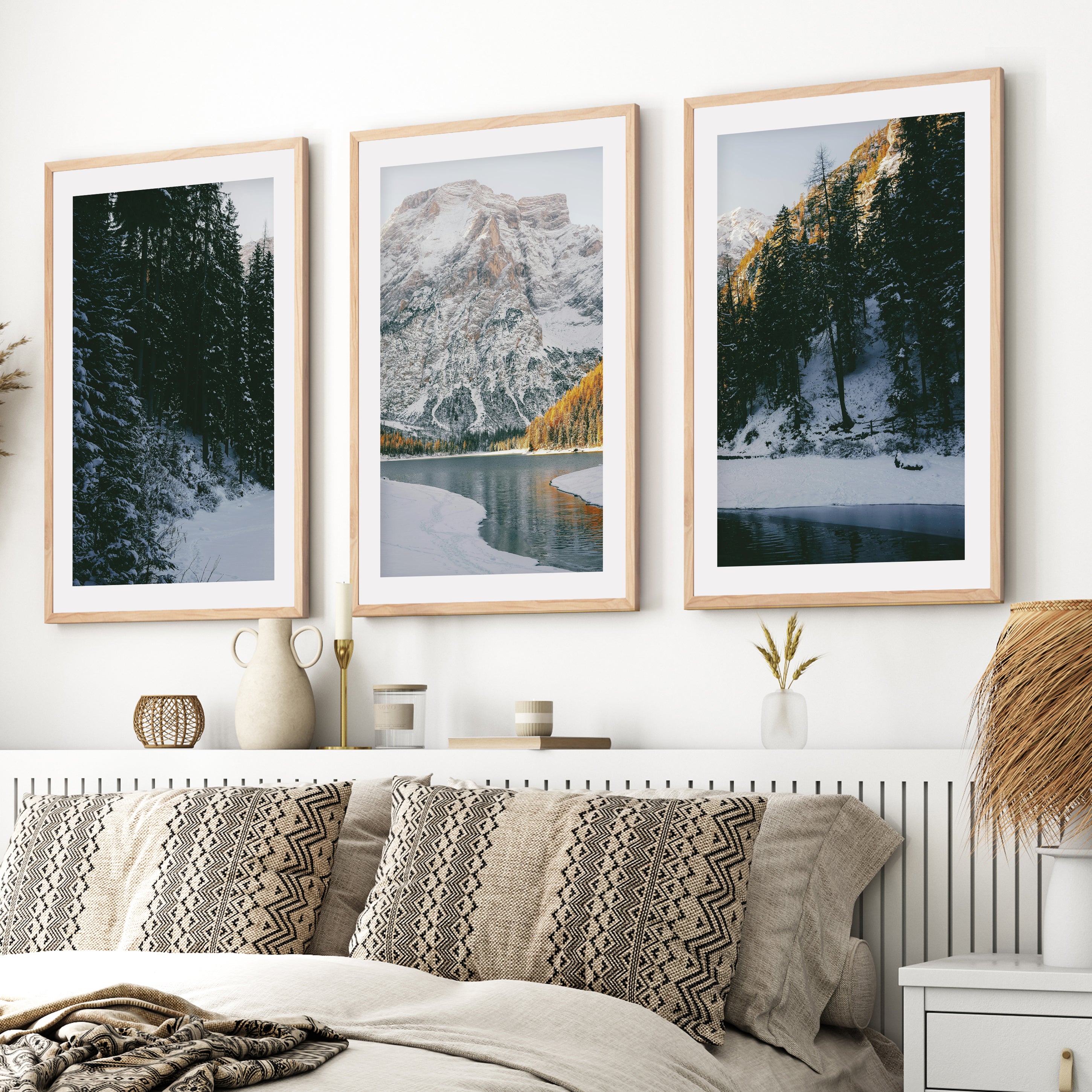 Scandi Nature Triptych – 3 Piece Mountain Wall Art- Natural Wood Framed Poster with White Border - Artworksets