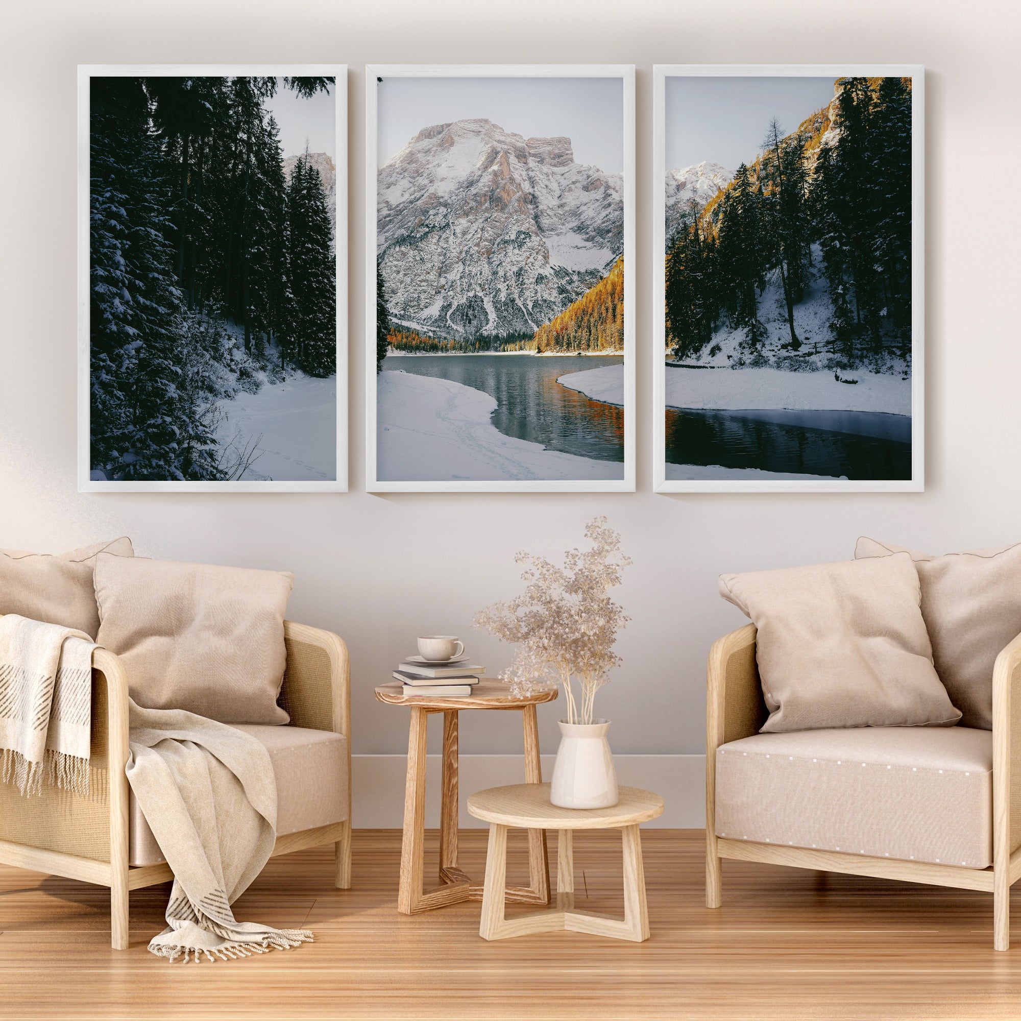 Scandi Nature Triptych – 3 Piece Mountain Wall Art - White Framed Poster No Border - Artworksets