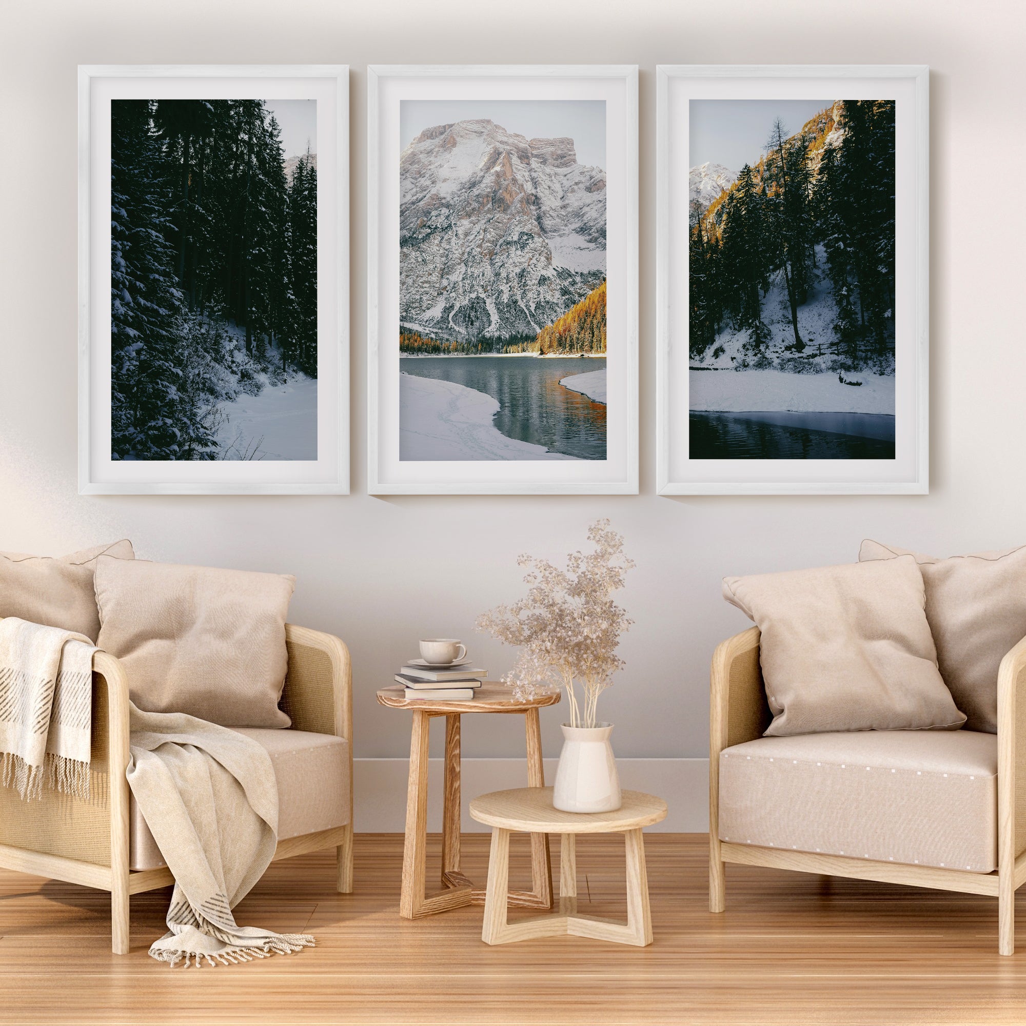 Scandi Nature Triptych – 3 Piece Mountain Wall Art - White Framed Poster with White Border - Artworksets