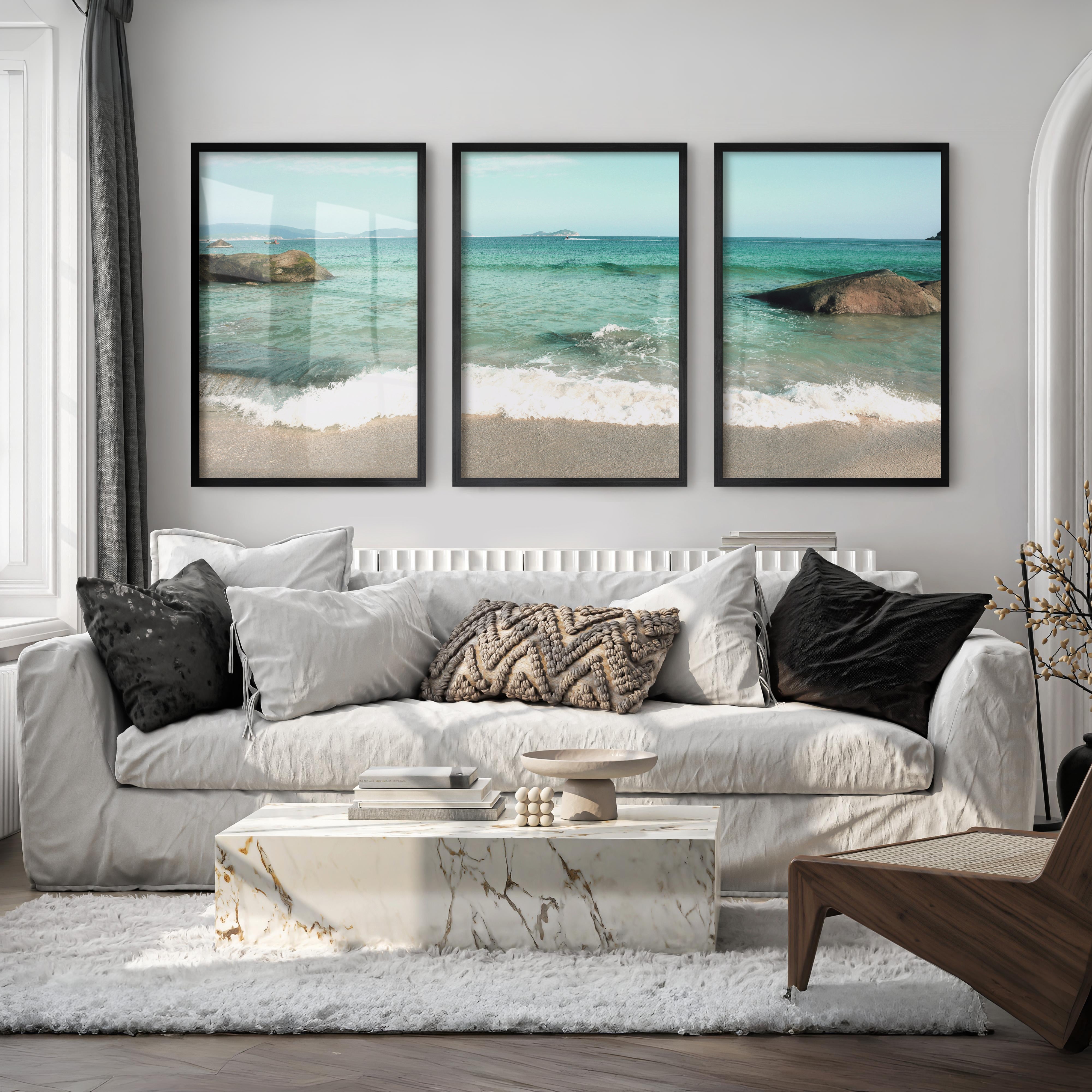 Turquoise Shore sea art with Foamy Waves - Black Framed Poster No Border - Artworksets