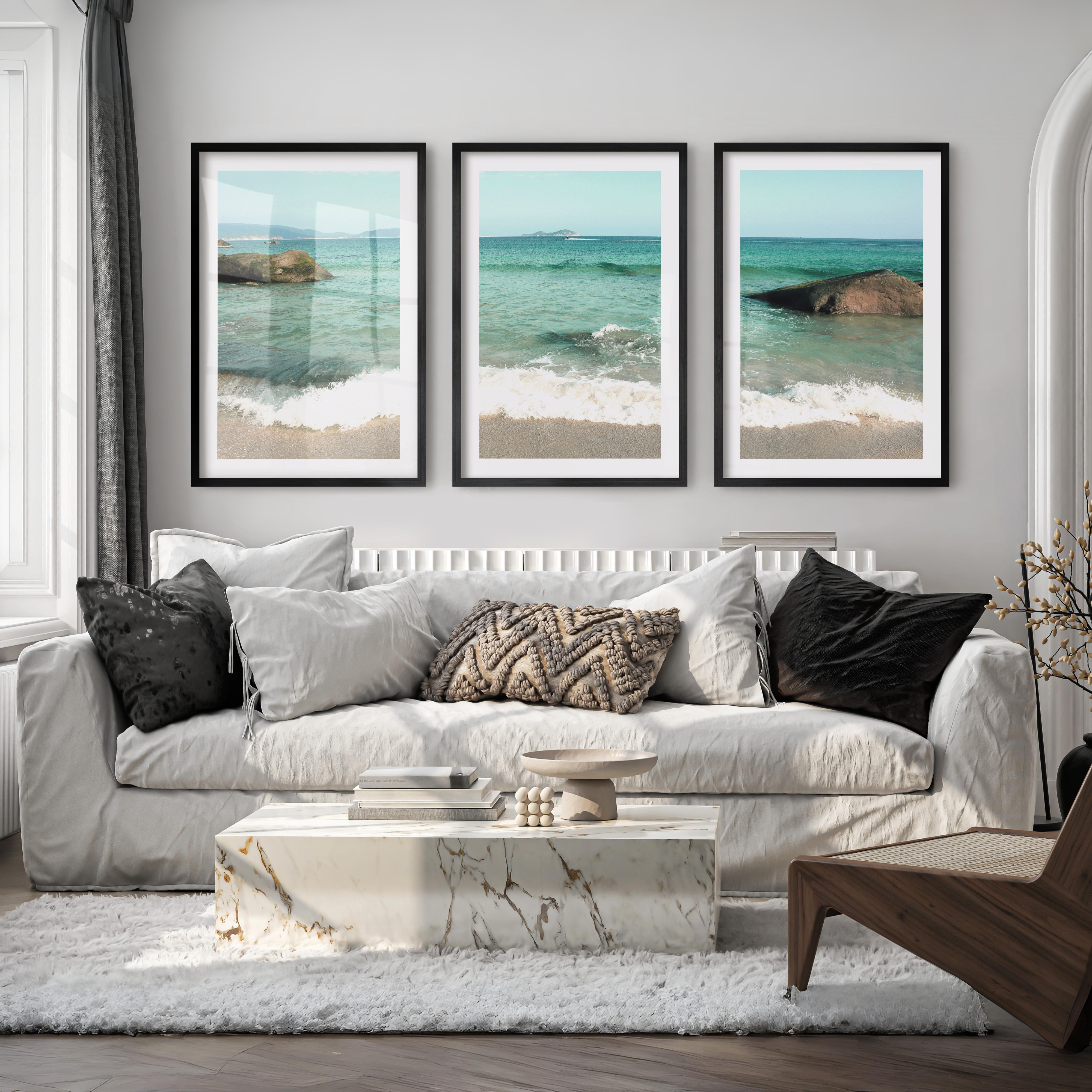Turquoise Shore sea art with Foamy Waves - Black Framed Poster with White Border - Artworksets