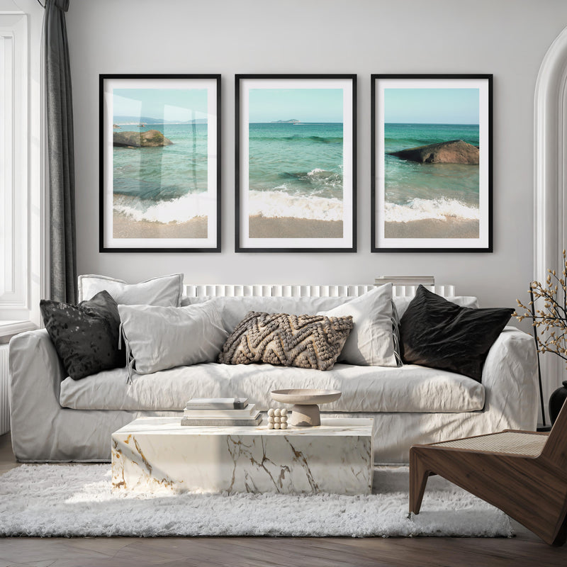 Turquoise Shore sea art with Foamy Waves - Black Framed Poster with White Border - Artworksets