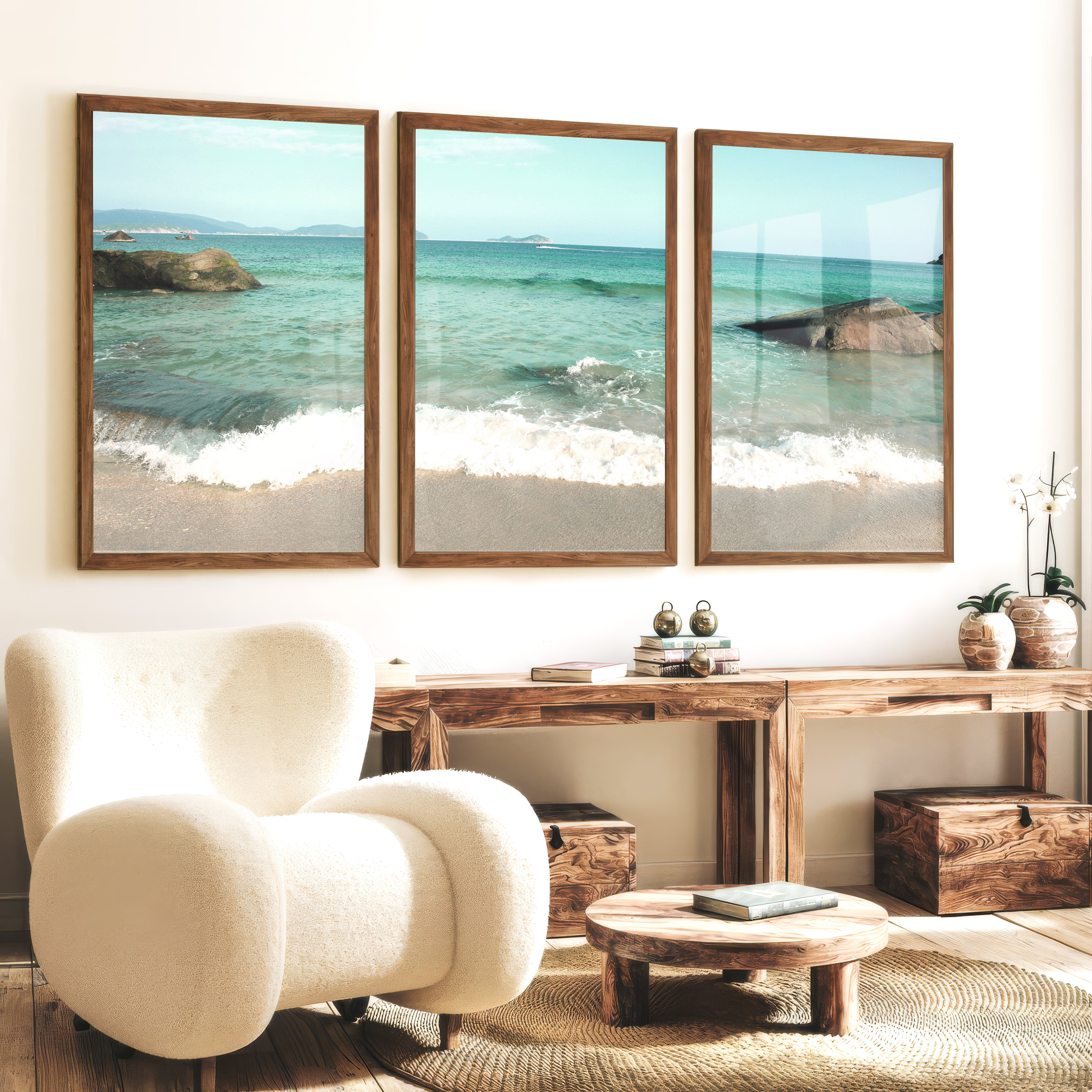 Turquoise Shore sea art with Foamy Waves - Dark Brown Framed Poster No Border - Artworksets