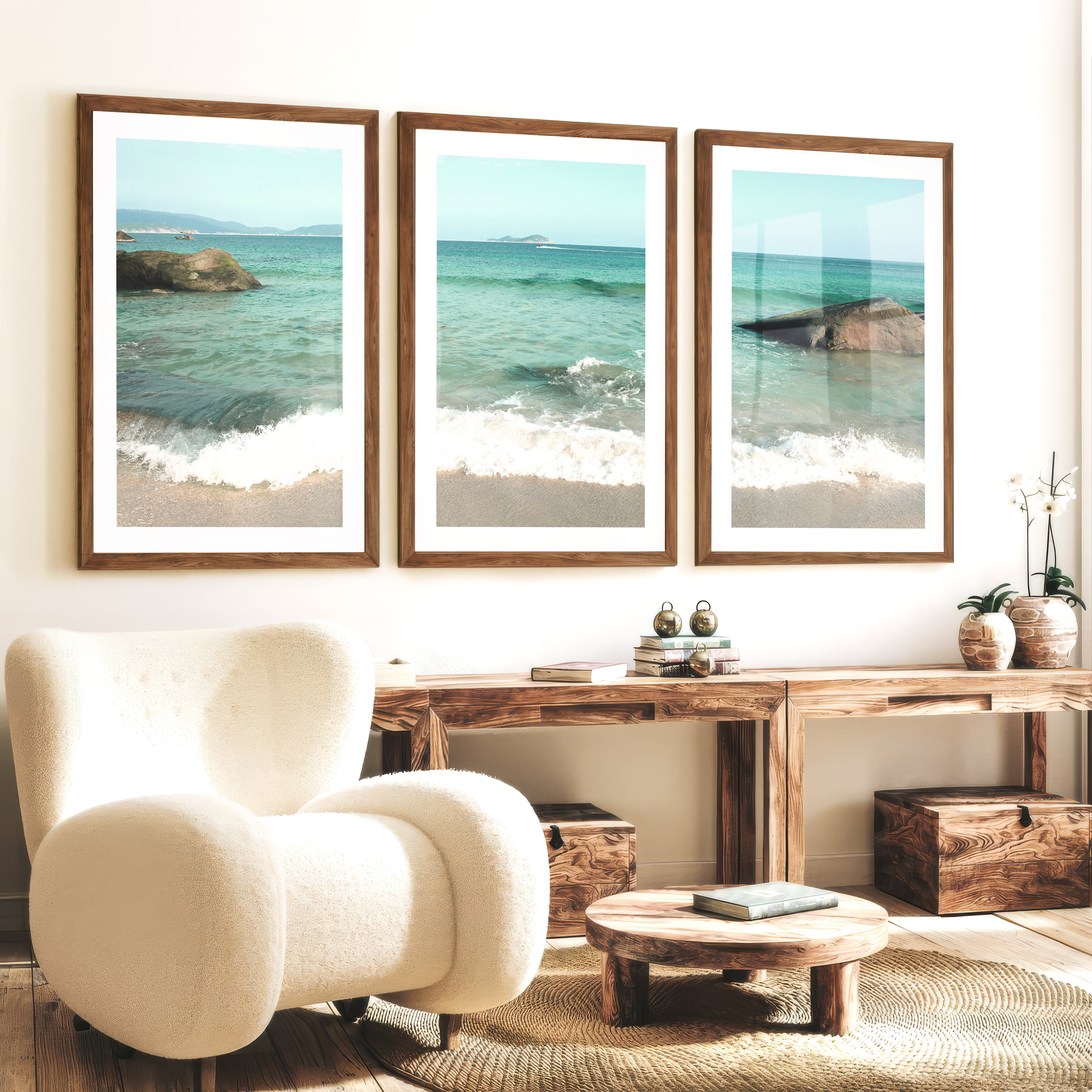 Turquoise Shore sea art with Foamy Waves - Dark Brown Framed Poster with White Border - Artworksets