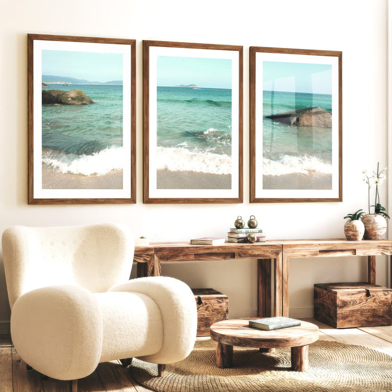Turquoise Shore sea art with Foamy Waves - Dark Brown Framed Poster with White Border - Artworksets