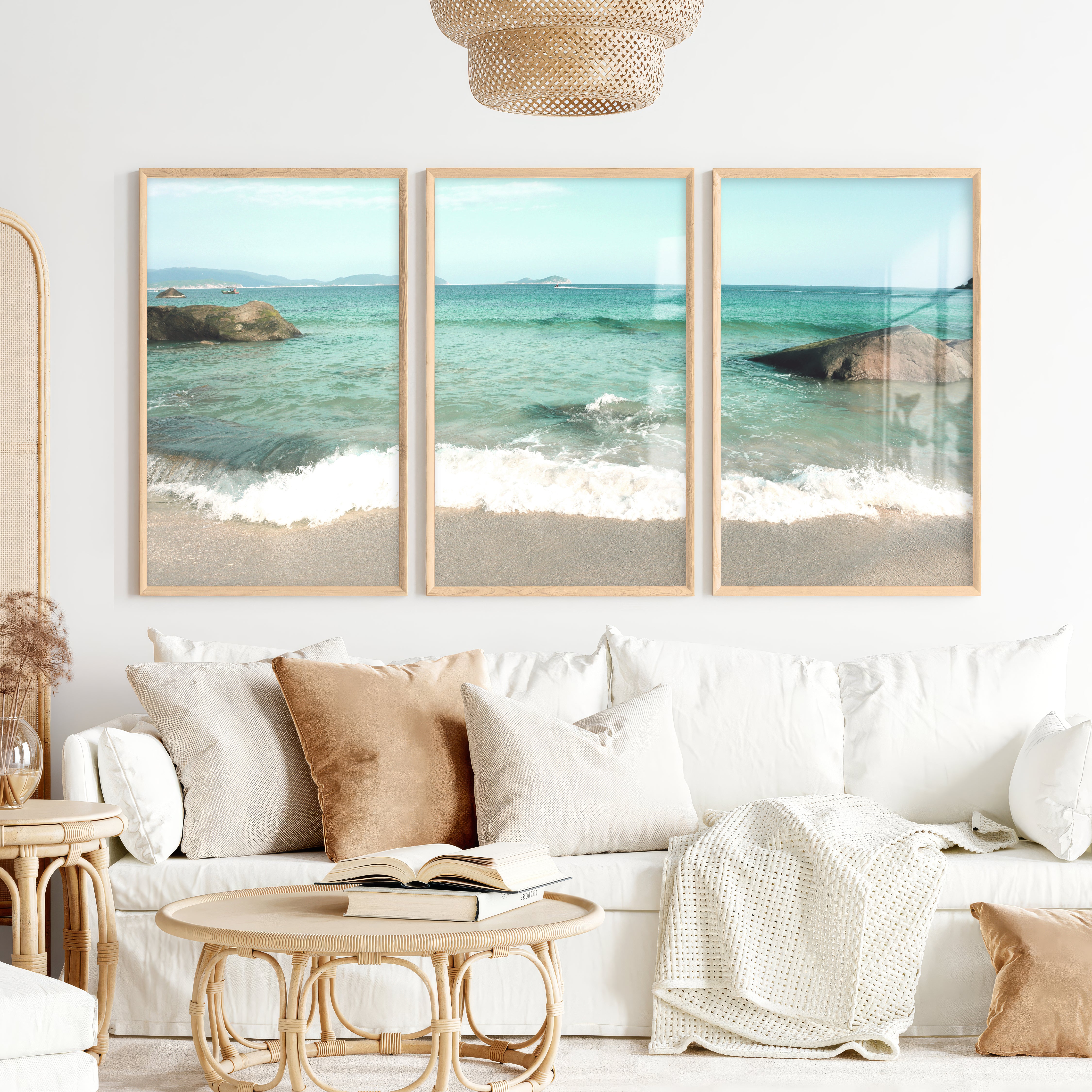 Turquoise Shore sea art with Foamy Waves - Natural Wood Framed Poster No Border - Artworksets