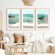 Turquoise Shore sea art with Foamy Waves- Natural Wood Framed Poster with White Border - Artworksets
