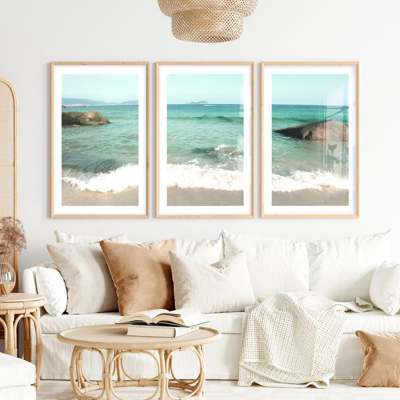 Turquoise Shore sea art with Foamy Waves- Natural Wood Framed Poster with White Border - Artworksets