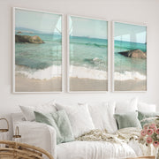 Turquoise Shore sea art with Foamy Waves - White Framed Poster No Border - Artworksets