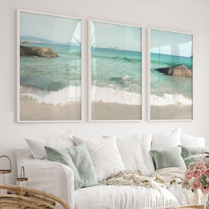 Turquoise Shore sea art with Foamy Waves - White Framed Poster No Border - Artworksets