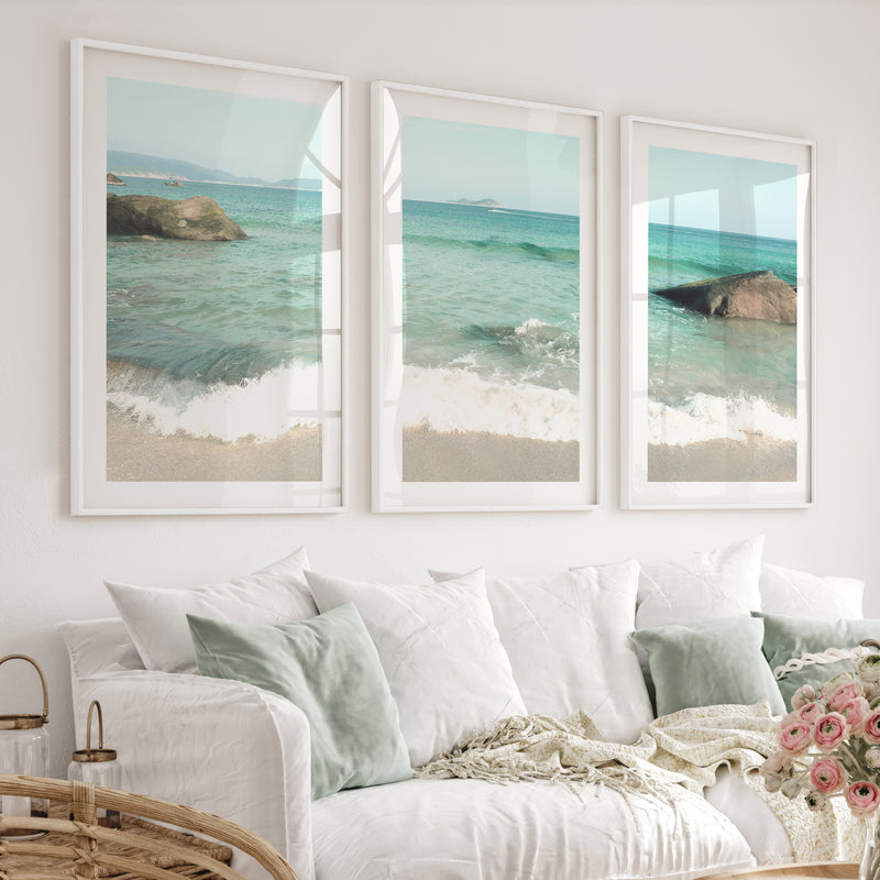 Turquoise Shore sea art with Foamy Waves - White Framed Poster with White Border - Artworksets