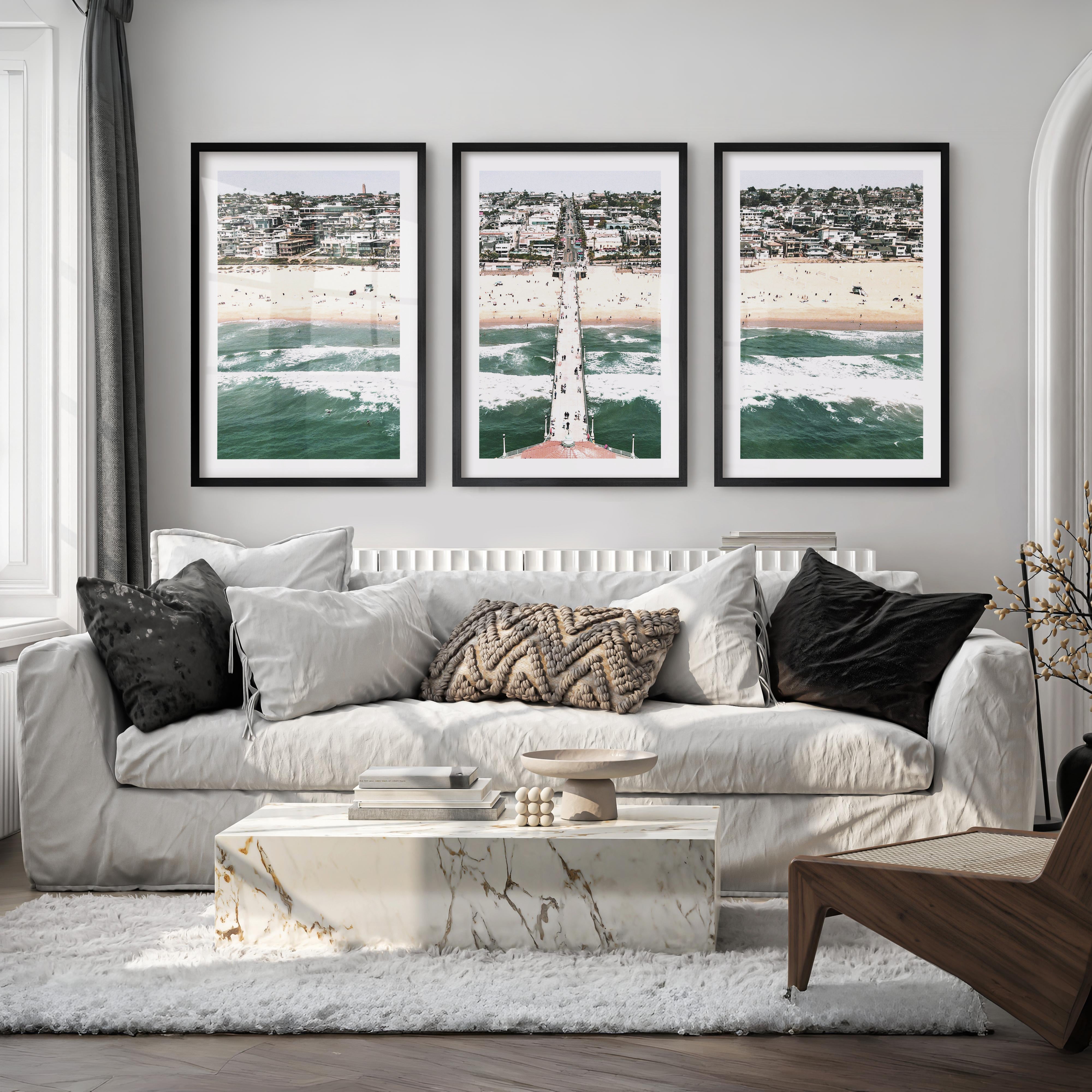 Pier Over Waves sea art prints - Black Framed Poster with White Border - Artworksets