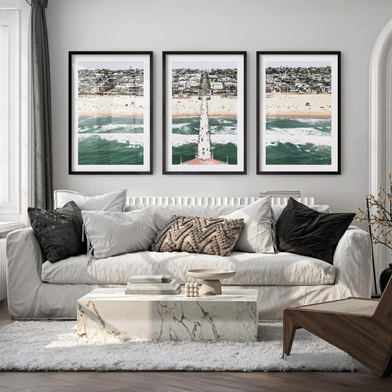Pier Over Waves sea art prints - Black Framed Poster with White Border - Artworksets