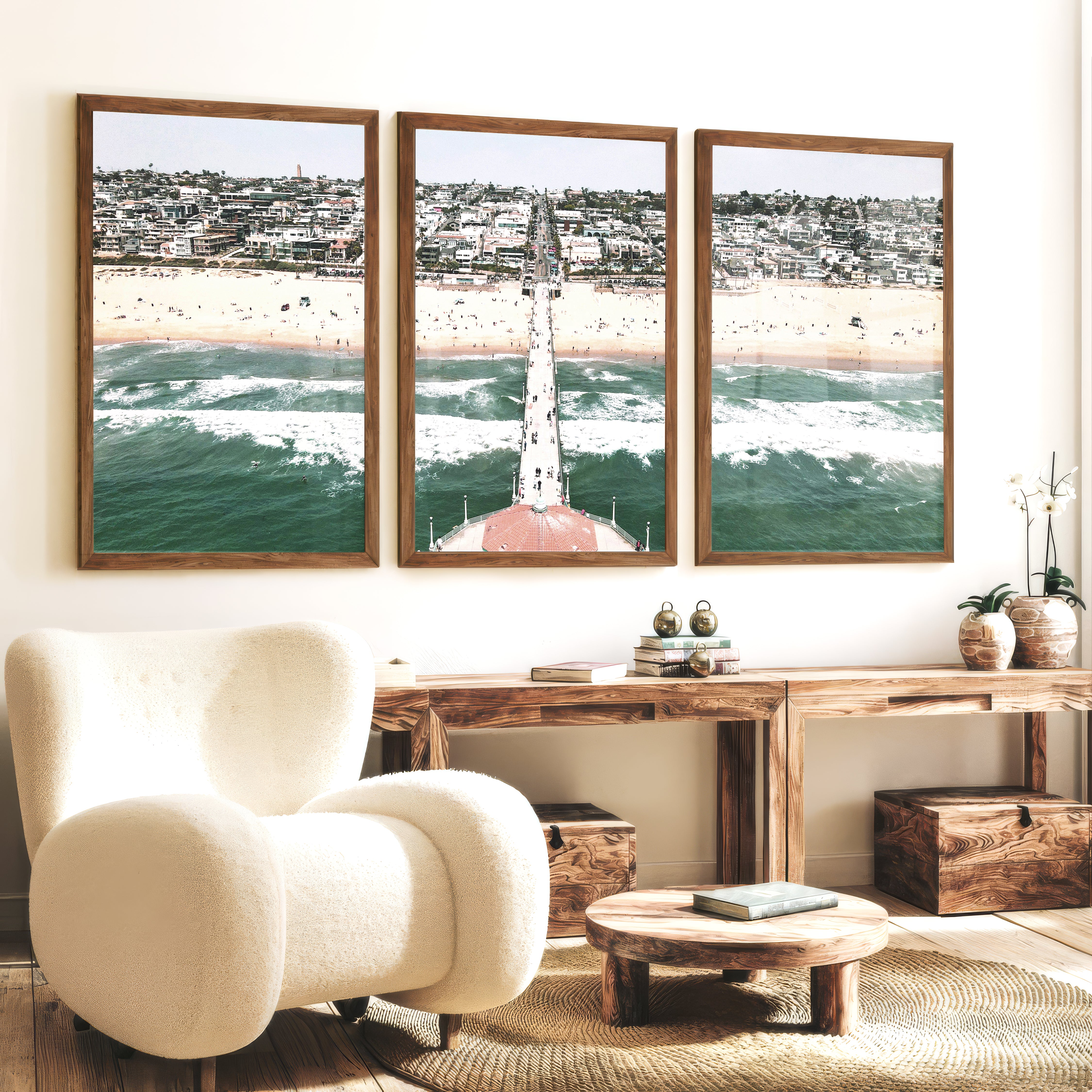 Pier Over Waves sea art prints - Dark Brown Framed Poster No Border - Artworksets