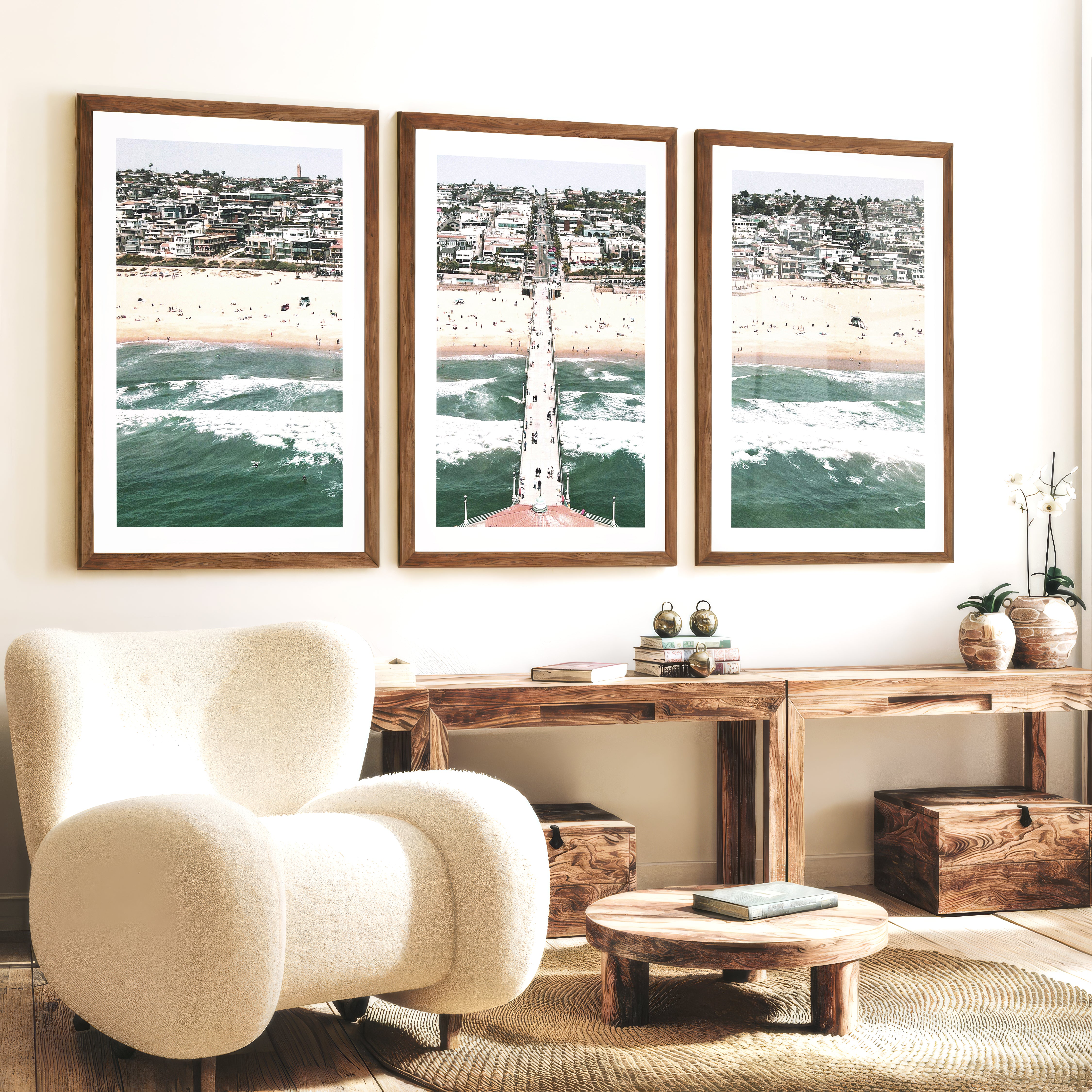 Pier Over Waves sea art prints - Dark Brown Framed Poster with White Border - Artworksets