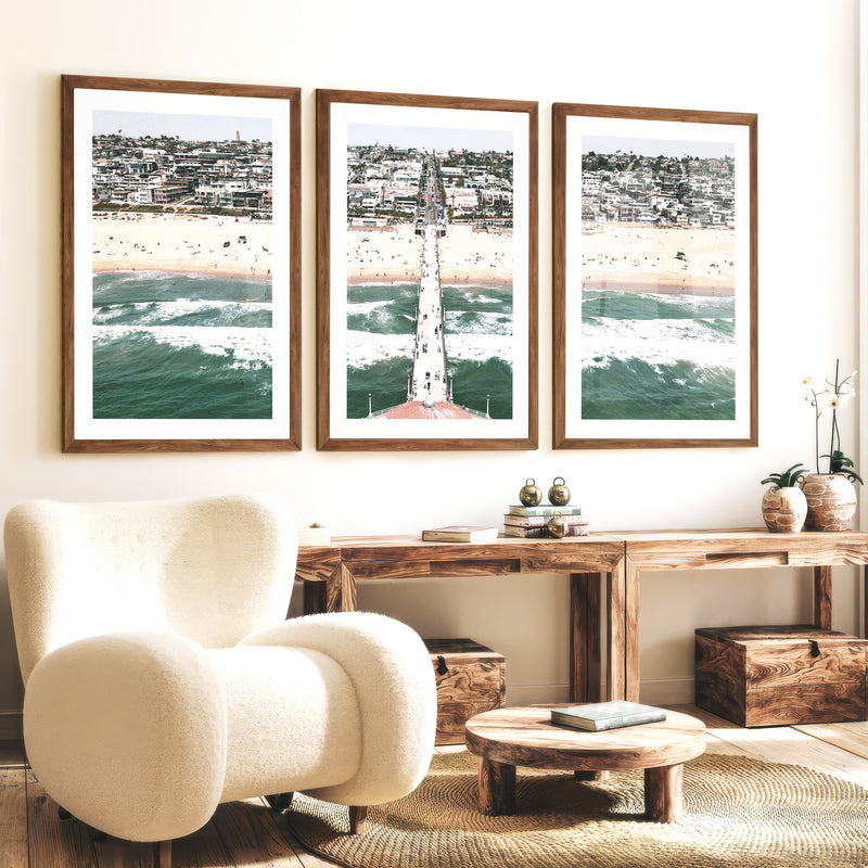 Pier Over Waves sea art prints - Dark Brown Framed Poster with White Border - Artworksets