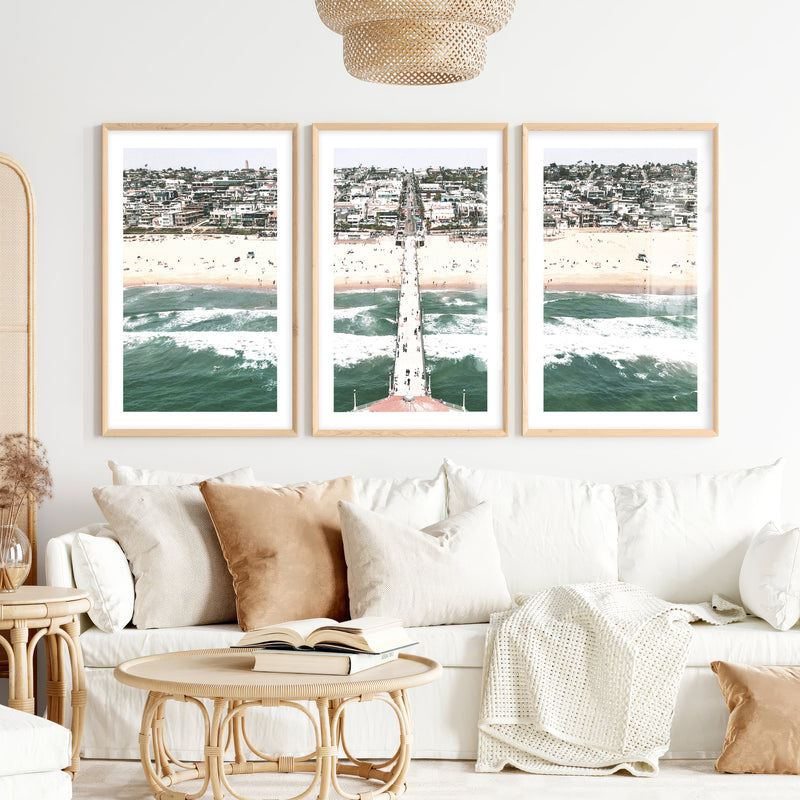 Pier Over Waves sea art prints- Natural Wood Framed Poster with White Border - Artworksets