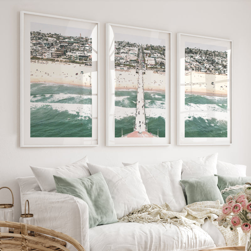 Pier Over Waves sea art prints - White Framed Poster with White Border - Artworksets