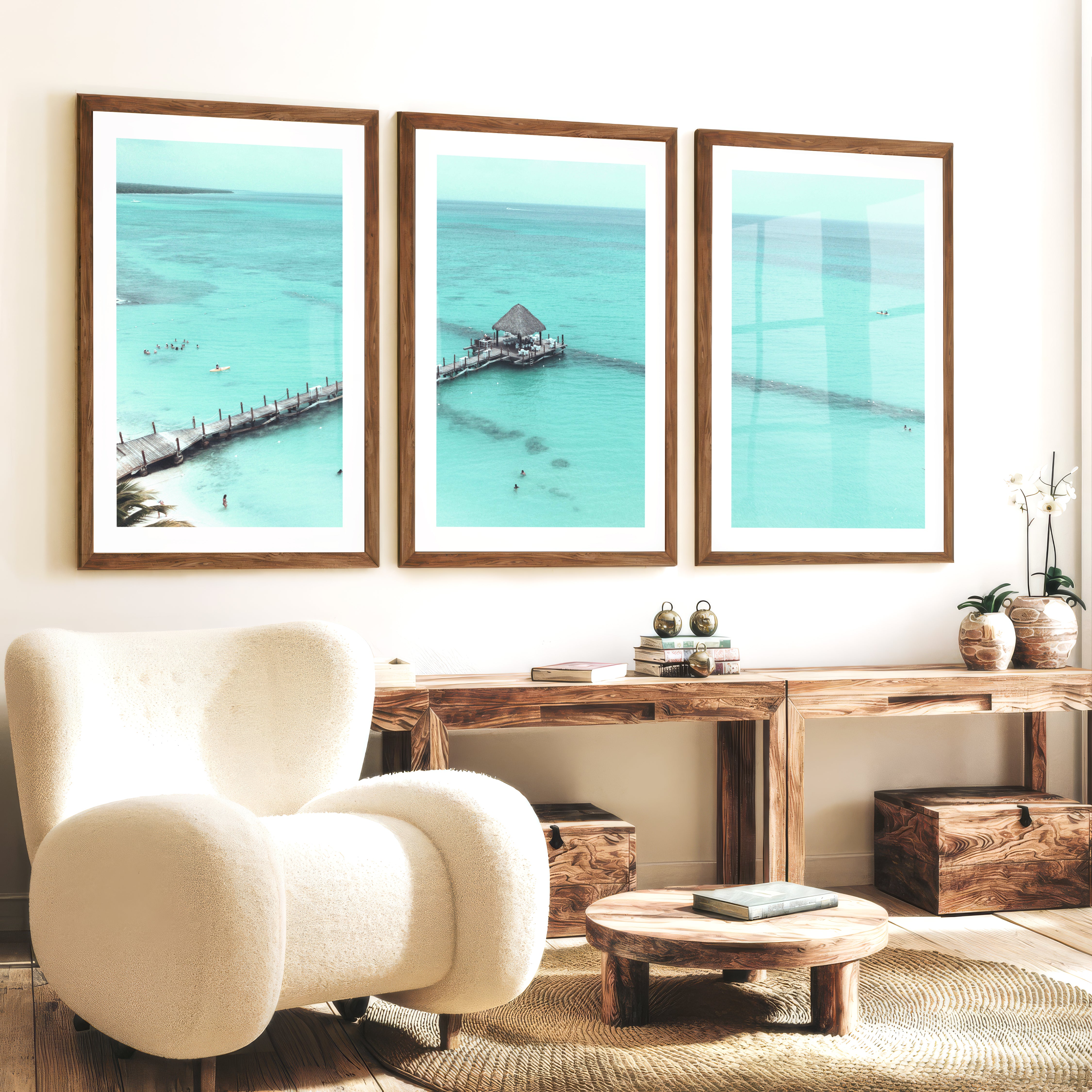 Lagoon Pier sea artwork - Dark Brown Framed Poster with White Border - Artworksets
