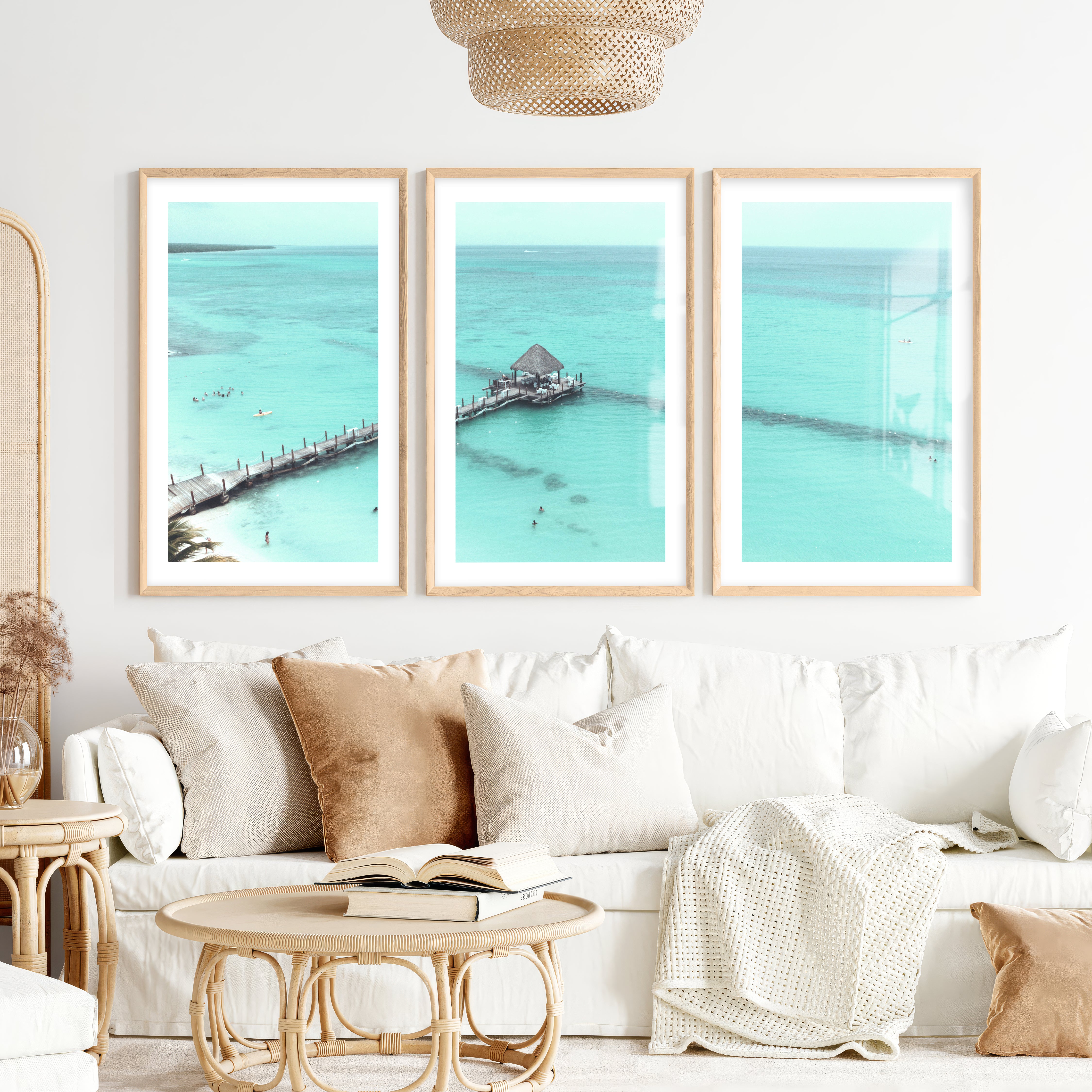 Lagoon Pier sea artwork- Natural Wood Framed Poster with White Border - Artworksets