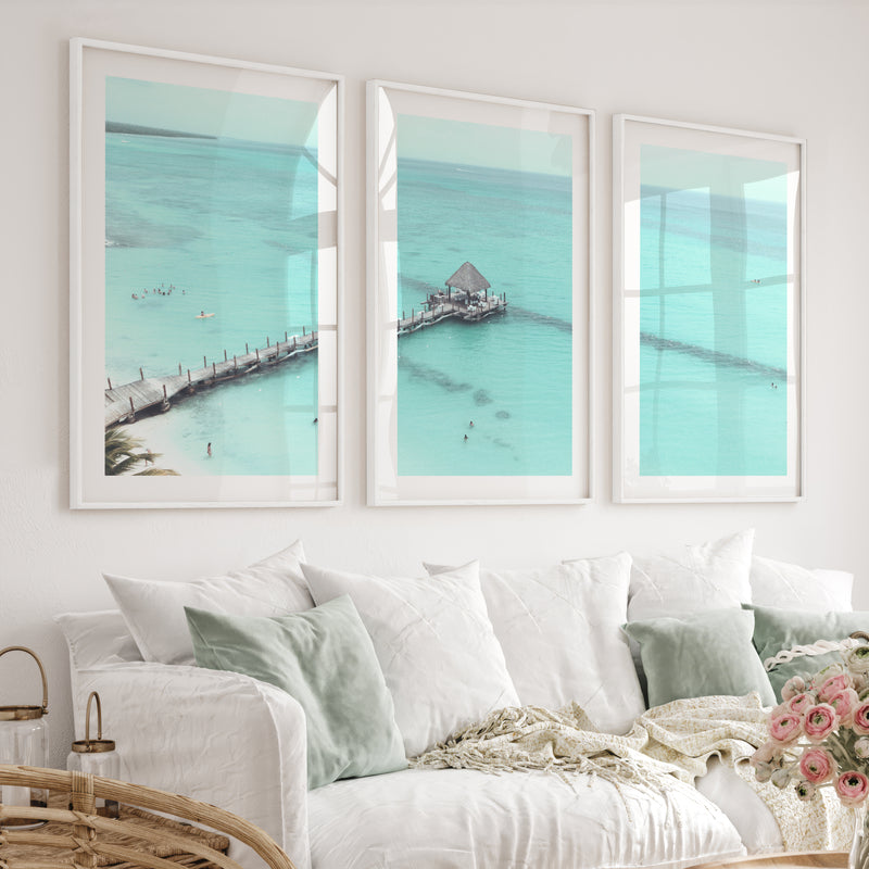 Lagoon Pier sea artwork - White Framed Poster with White Border - Artworksets