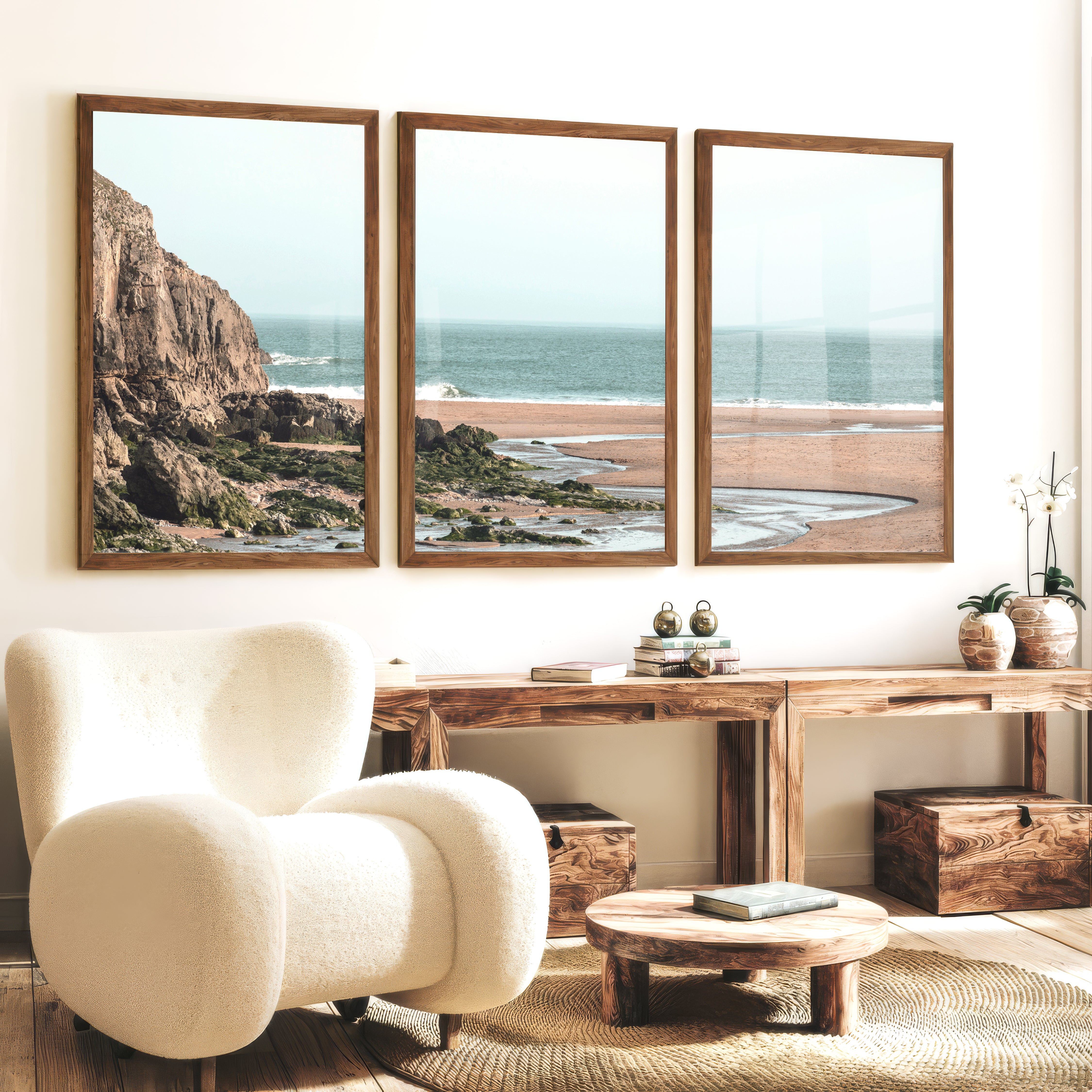Rocky Beach Sea Print - Dark Brown Framed Poster No Border - Artworksets