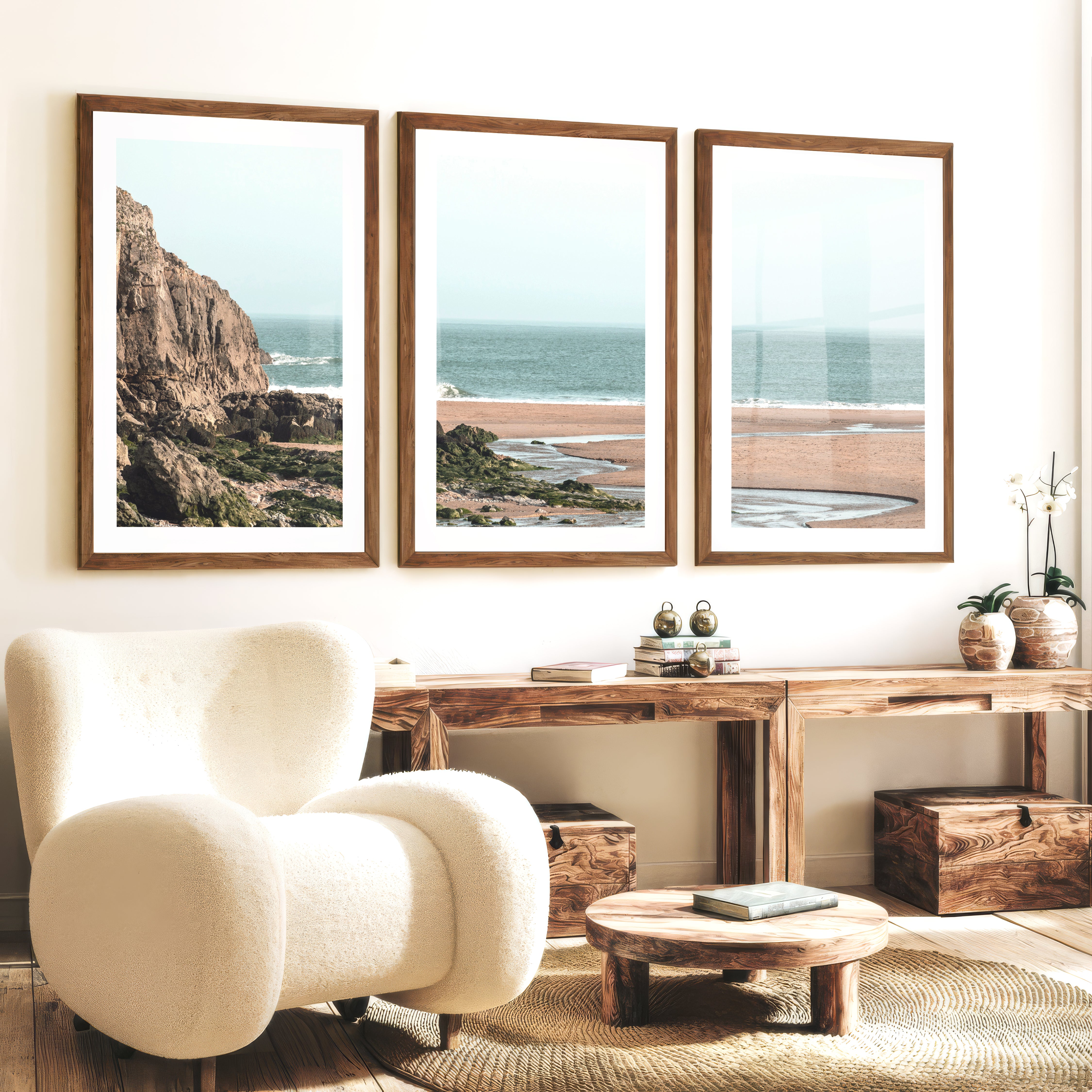 Rocky Beach Sea Print - Dark Brown Framed Poster with White Border - Artworksets