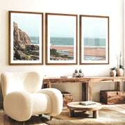 Rocky Beach Sea Print - Dark Brown Framed Poster with White Border - Artworksets