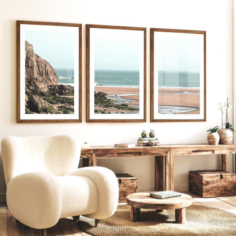 Rocky Beach Sea Print - Dark Brown Framed Poster with White Border - Artworksets
