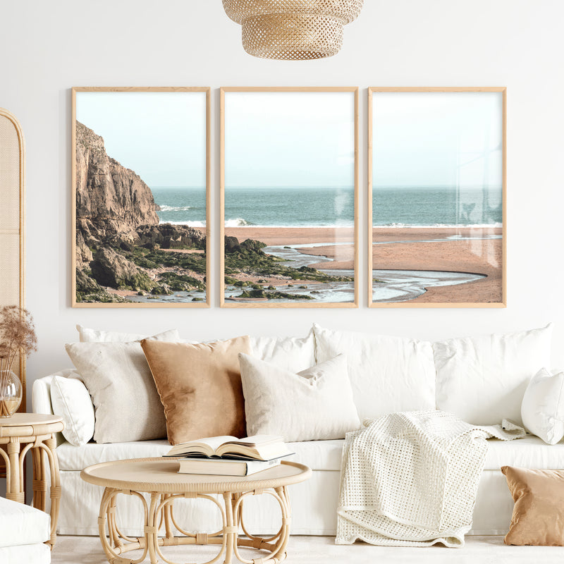 Rocky Beach Sea Print - Natural Wood Framed Poster No Border - Artworksets