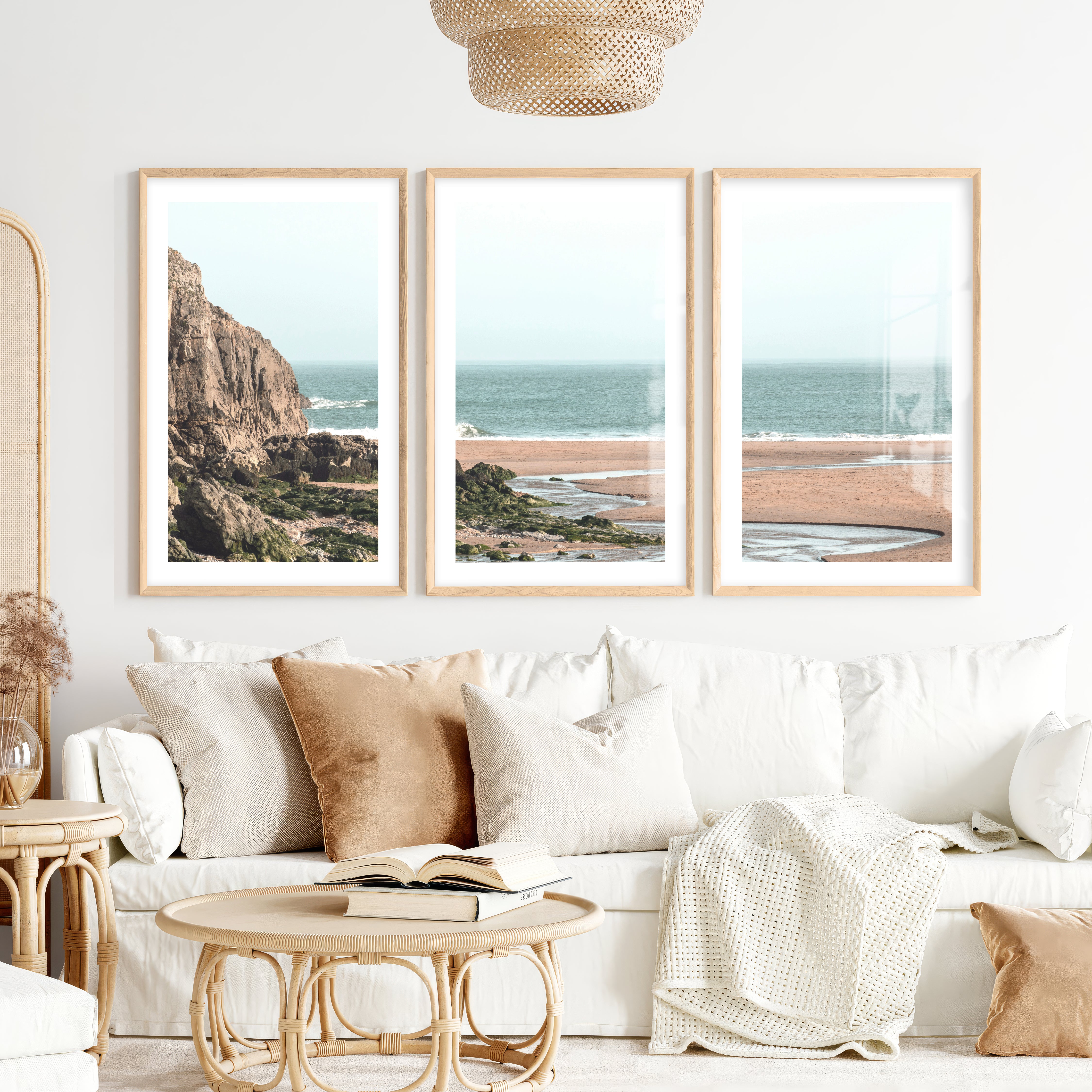 Rocky Beach Sea Print- Natural Wood Framed Poster with White Border - Artworksets