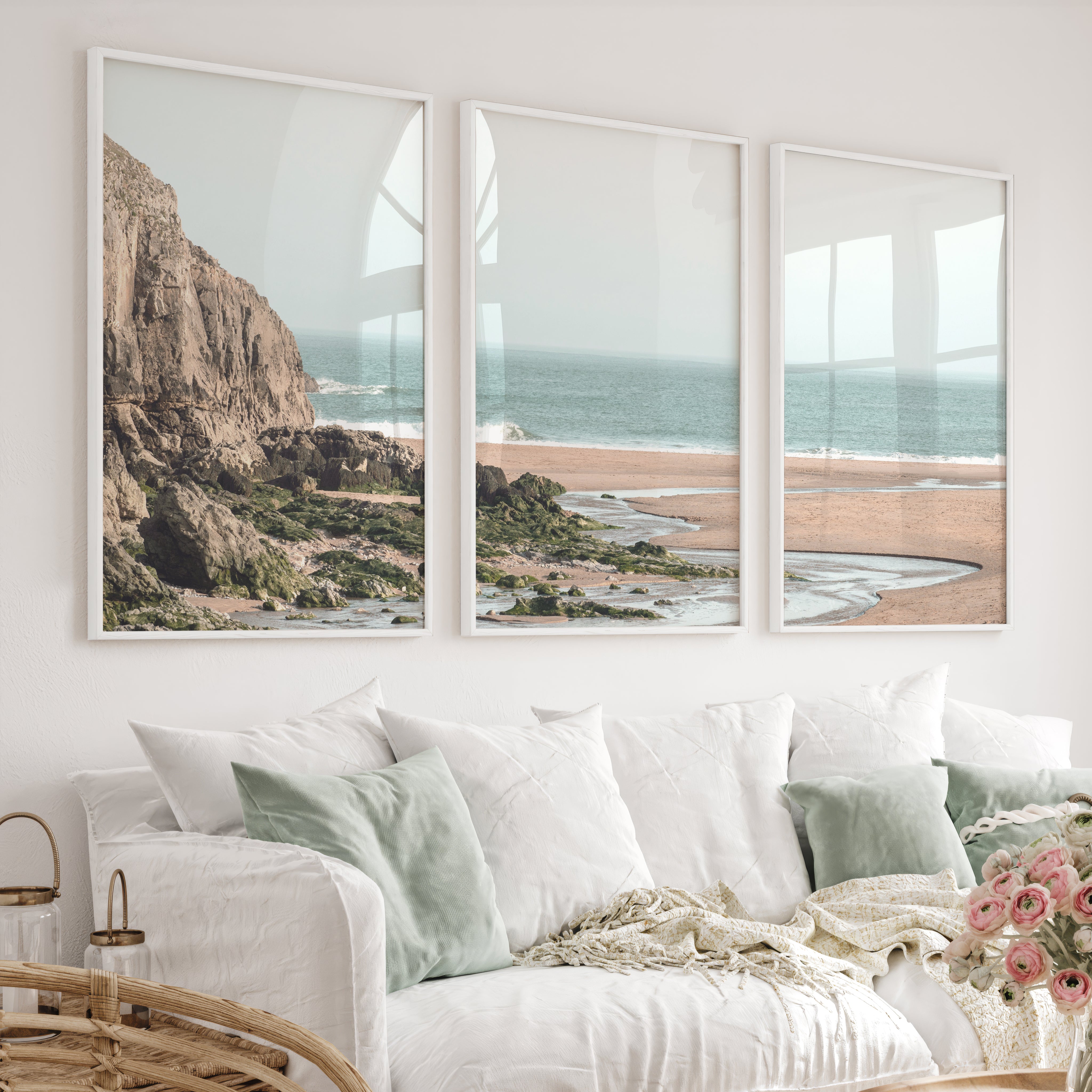 Rocky Beach Sea Print - White Framed Poster No Border - Artworksets